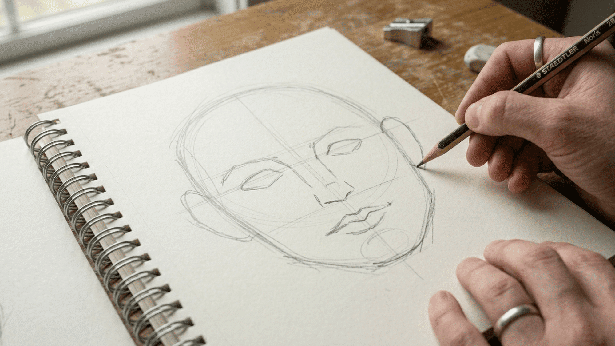 hand drawing facial features in sketchbook with pencil during portrait practice
