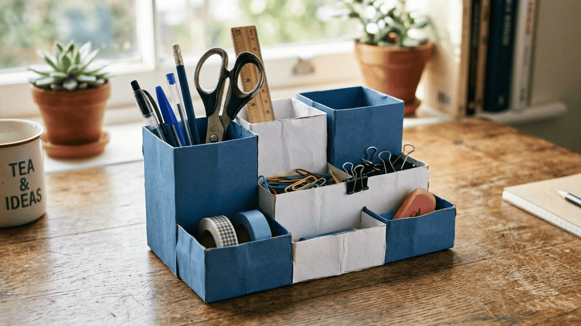 handmade cardboard desk organizer covered in blue and white paper holding pens and small stationery items for mom