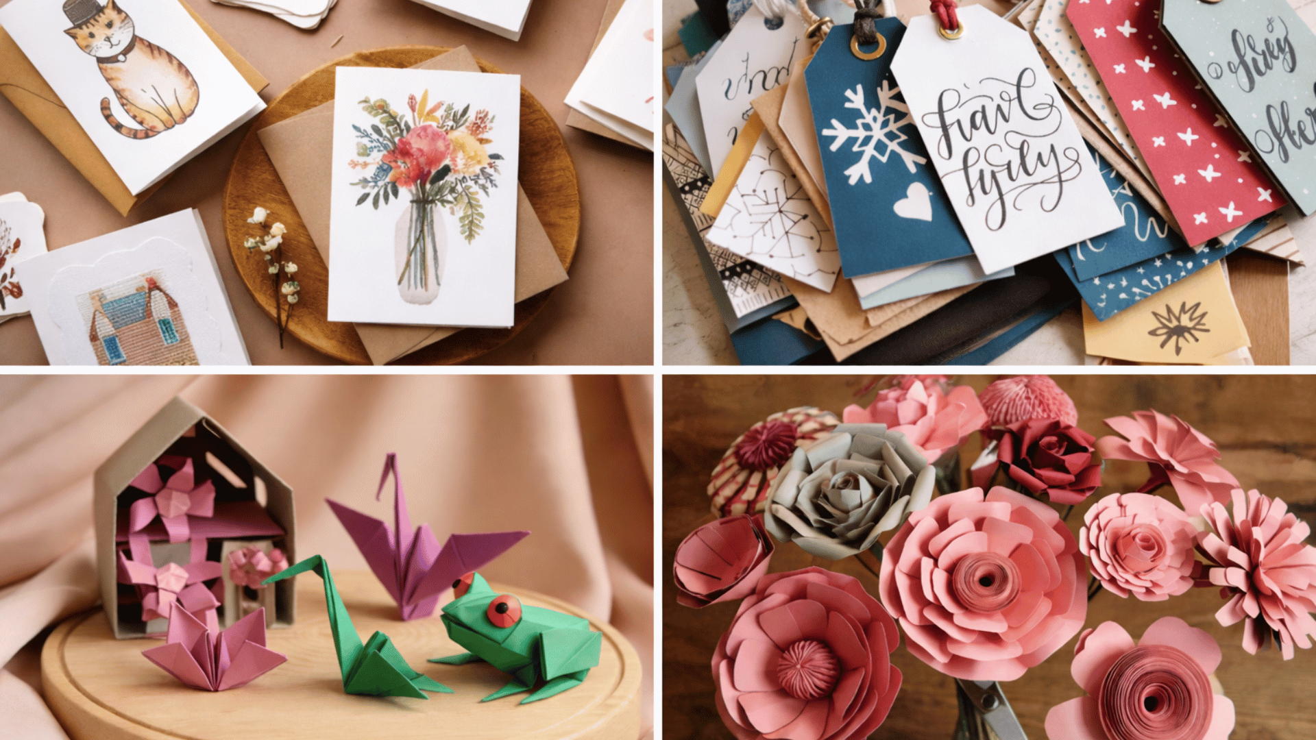 handmade cards, gift tags, origami, and paper flowers displayed in a creative collage.