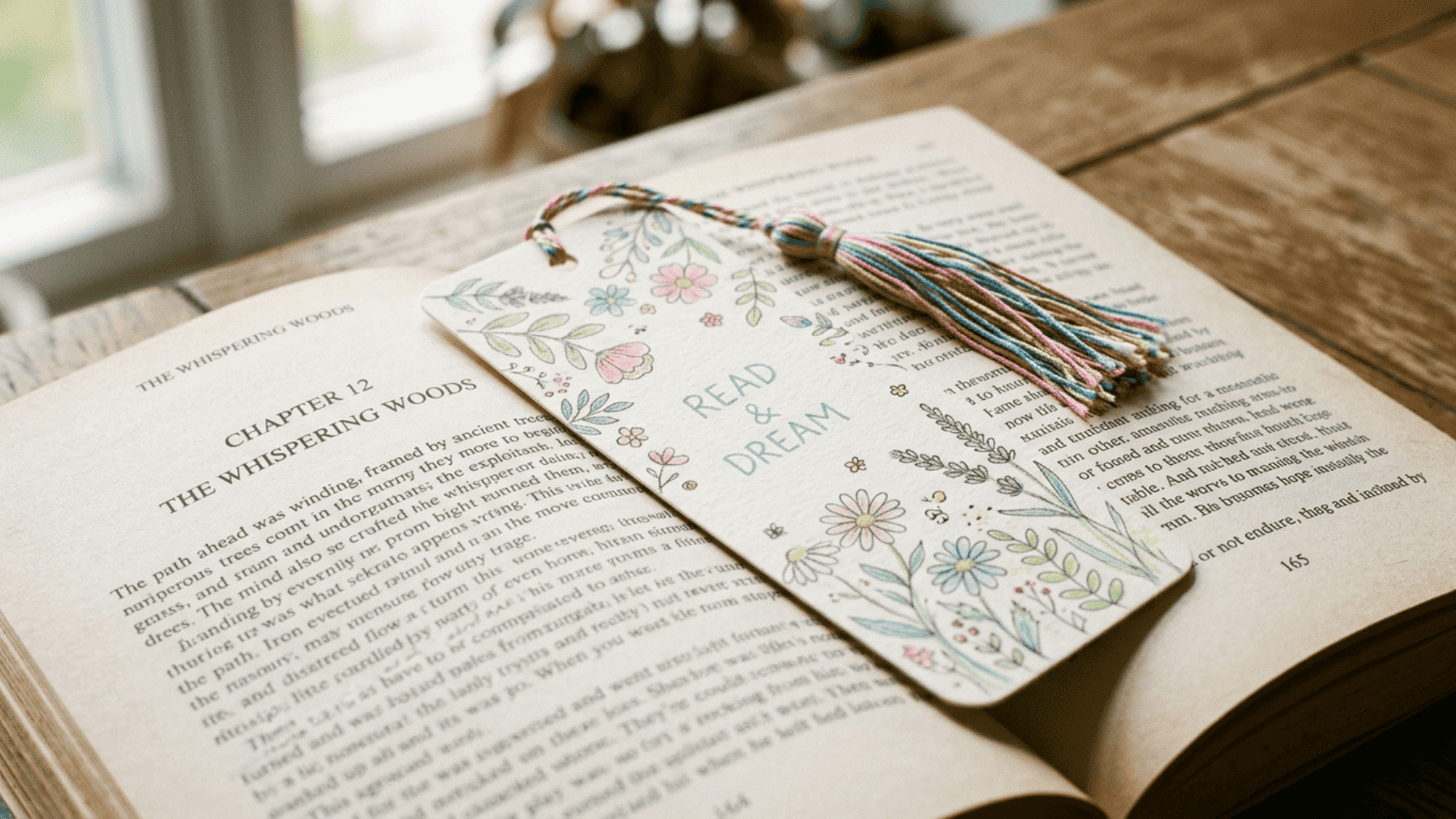 handmade cardstock bookmark with drawn flowers and a colorful thread tassel attached at the top for mothers day