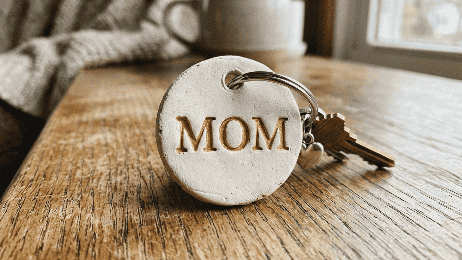 handmade clay keychain with the initial mom carved and painted gold attached to a silver ring as a diy gift for mom