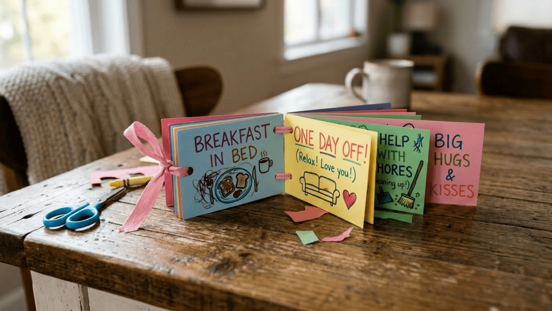 handmade colorful coupon book with pages reading breakfast in bed one day off help with chores and big hugs tied with a pink ribbon