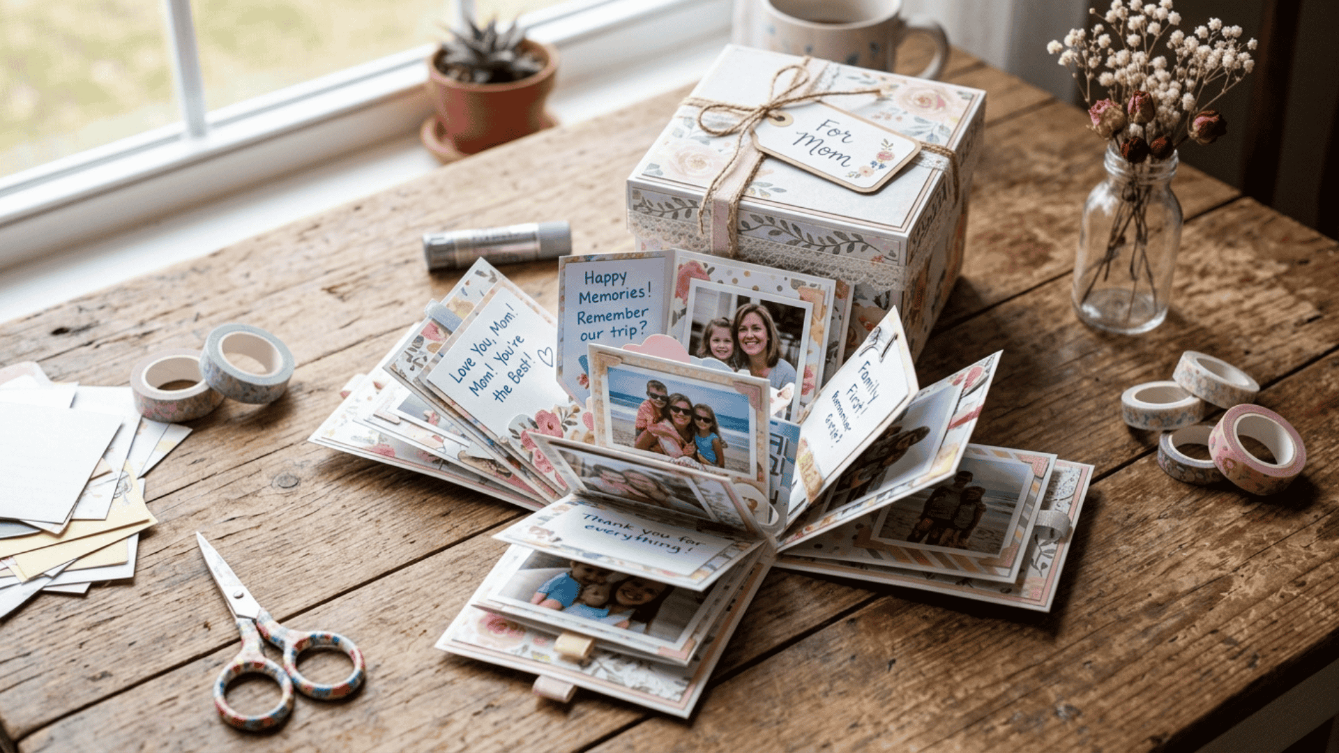handmade explosion box photo album opened showing layered sections with photos and handwritten notes with a for mom tag on top