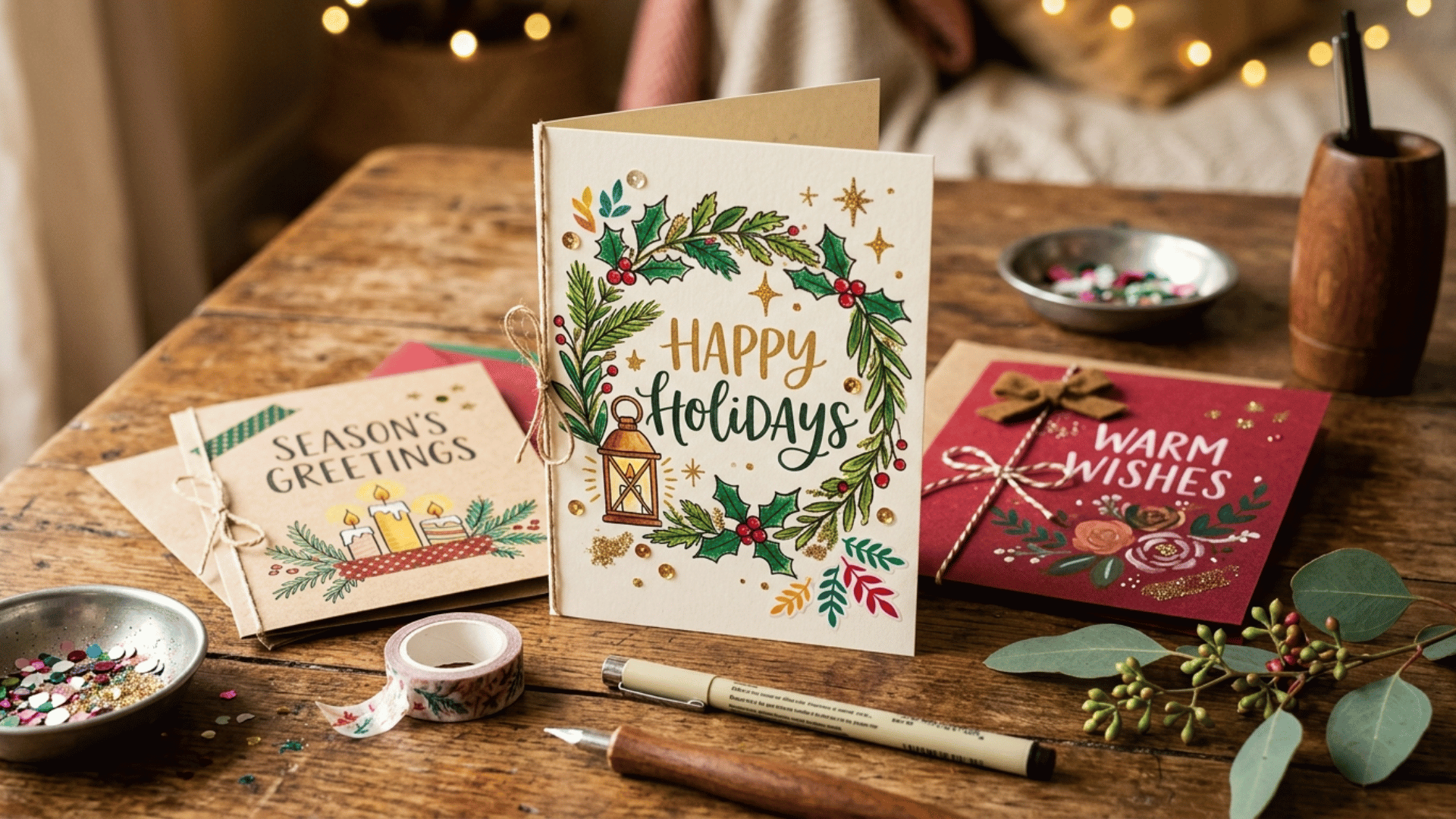 handmade holiday greeting cards with festive designs arranged on a wooden table