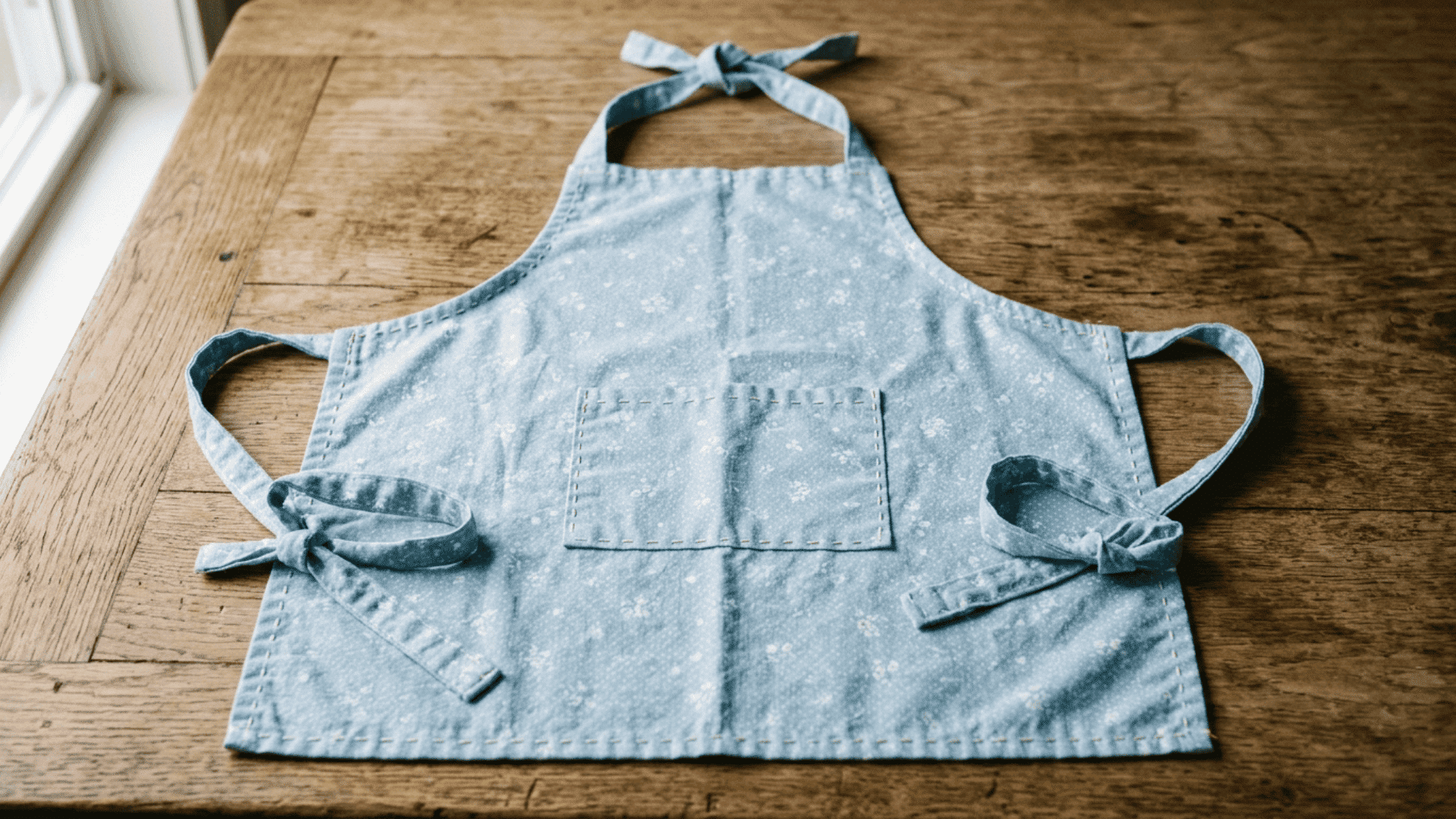 handmade light blue cotton apron with stitched straps and a front pocket laid flat as a diy gift for mom
