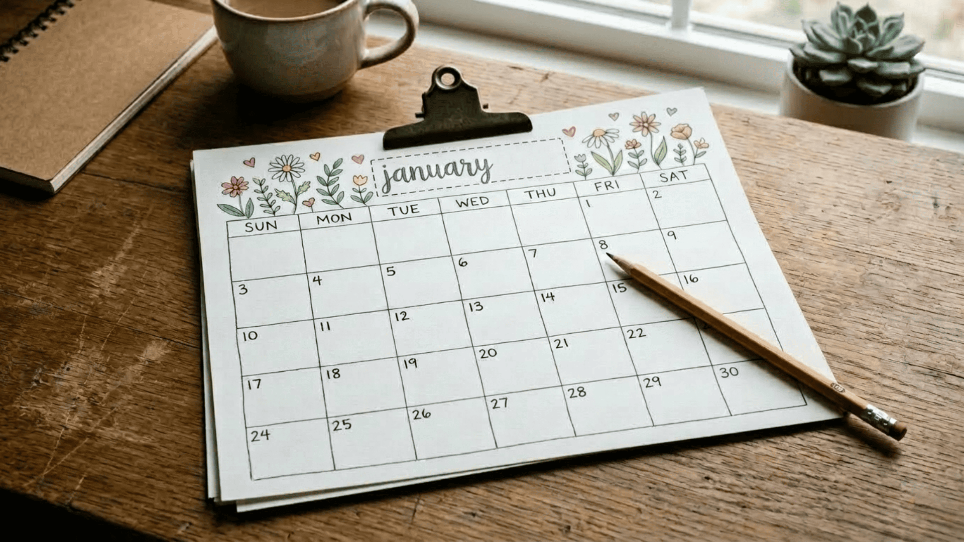 handmade monthly calendar with hand-drawn dates flowers and hearts clipped together as a personalized diy gift for mom