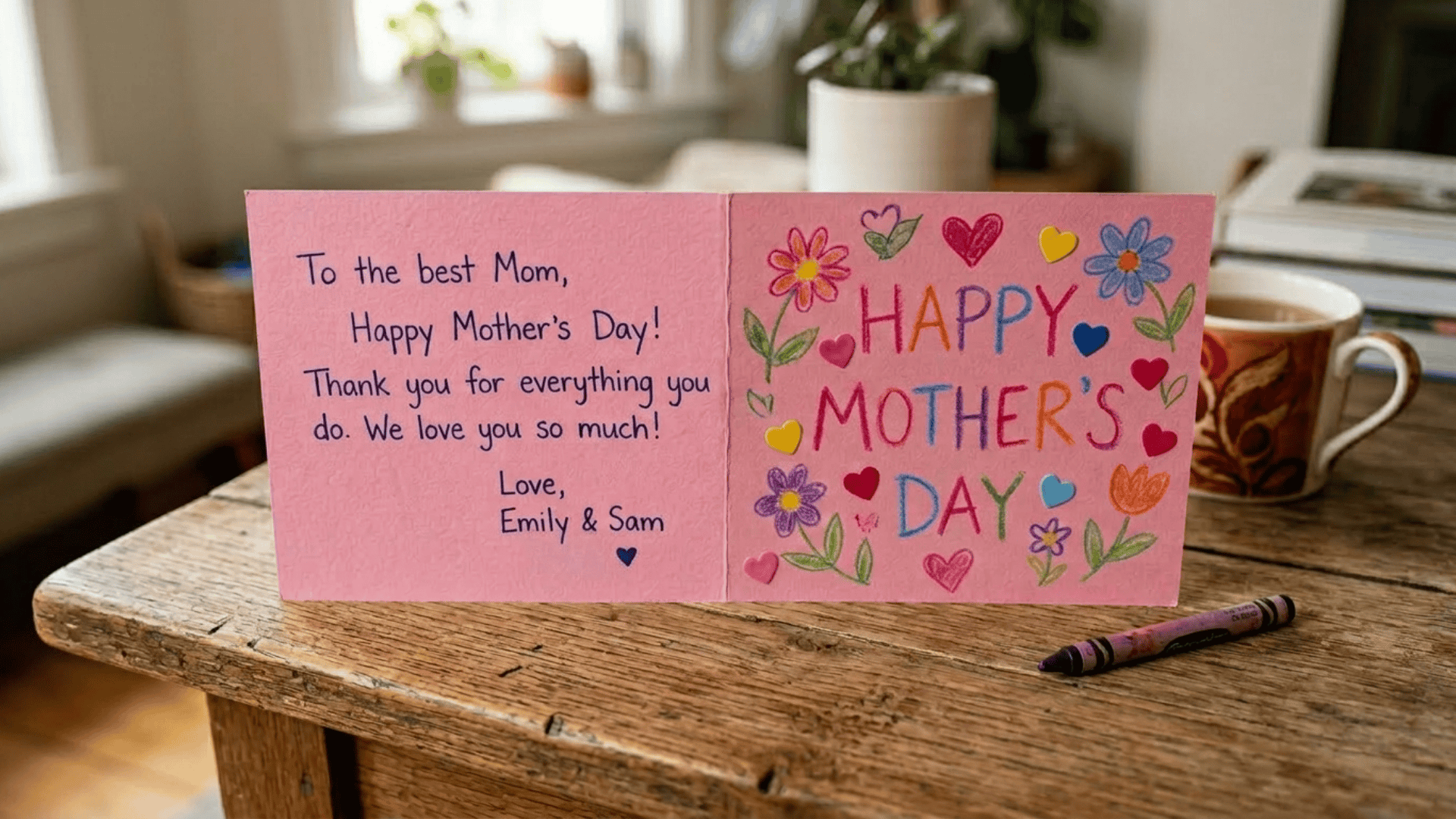 handmade mothers day card with crayon flowers and heart stickers on pink cardstock with a written message inside