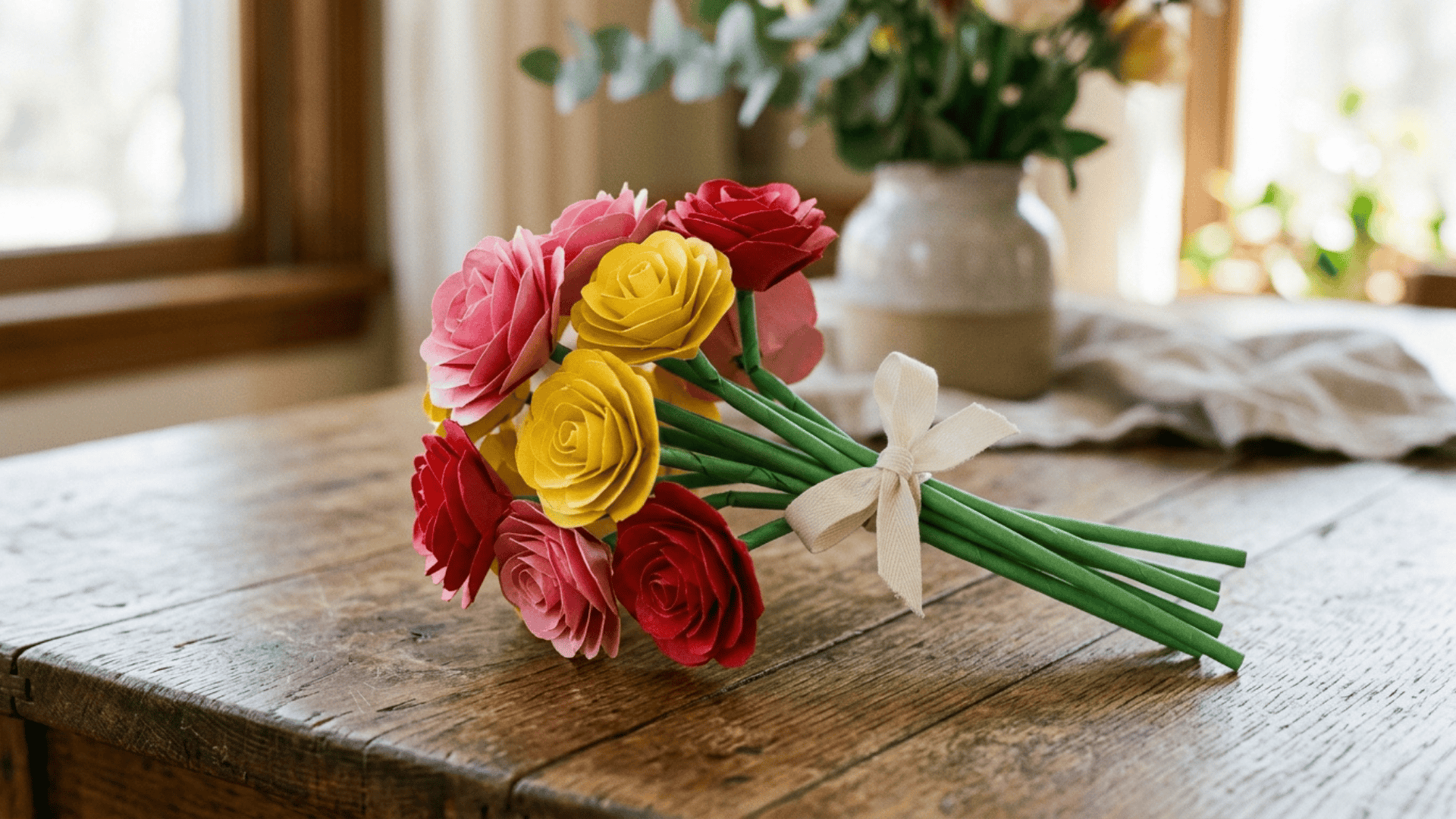 handmade paper flower bouquet in pink yellow and red made from colored paper and straws as a diy mothers day gift