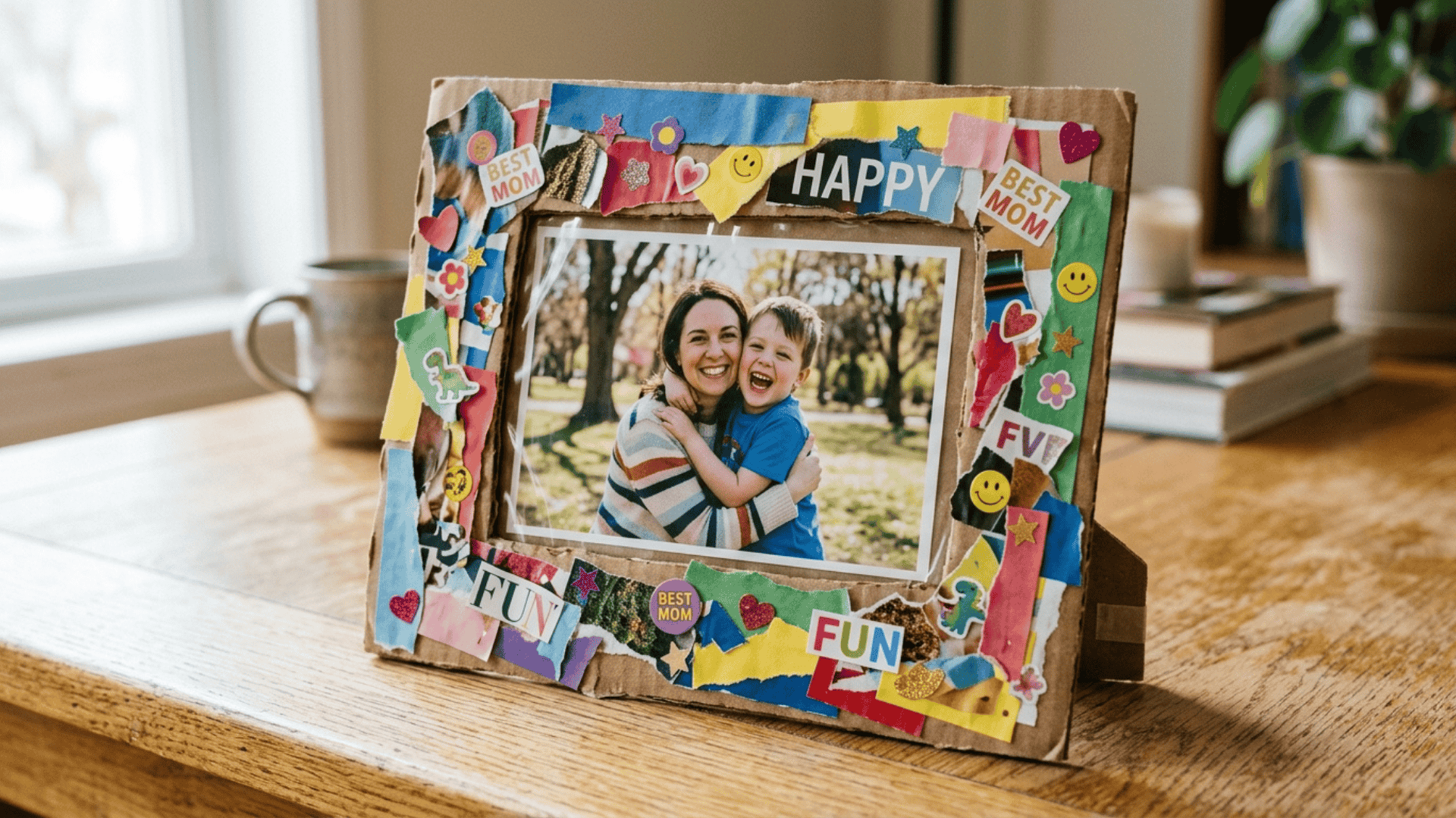 handmade photo frame made from recycled cardboard and magazine cutouts with a mom and son photo placed inside
