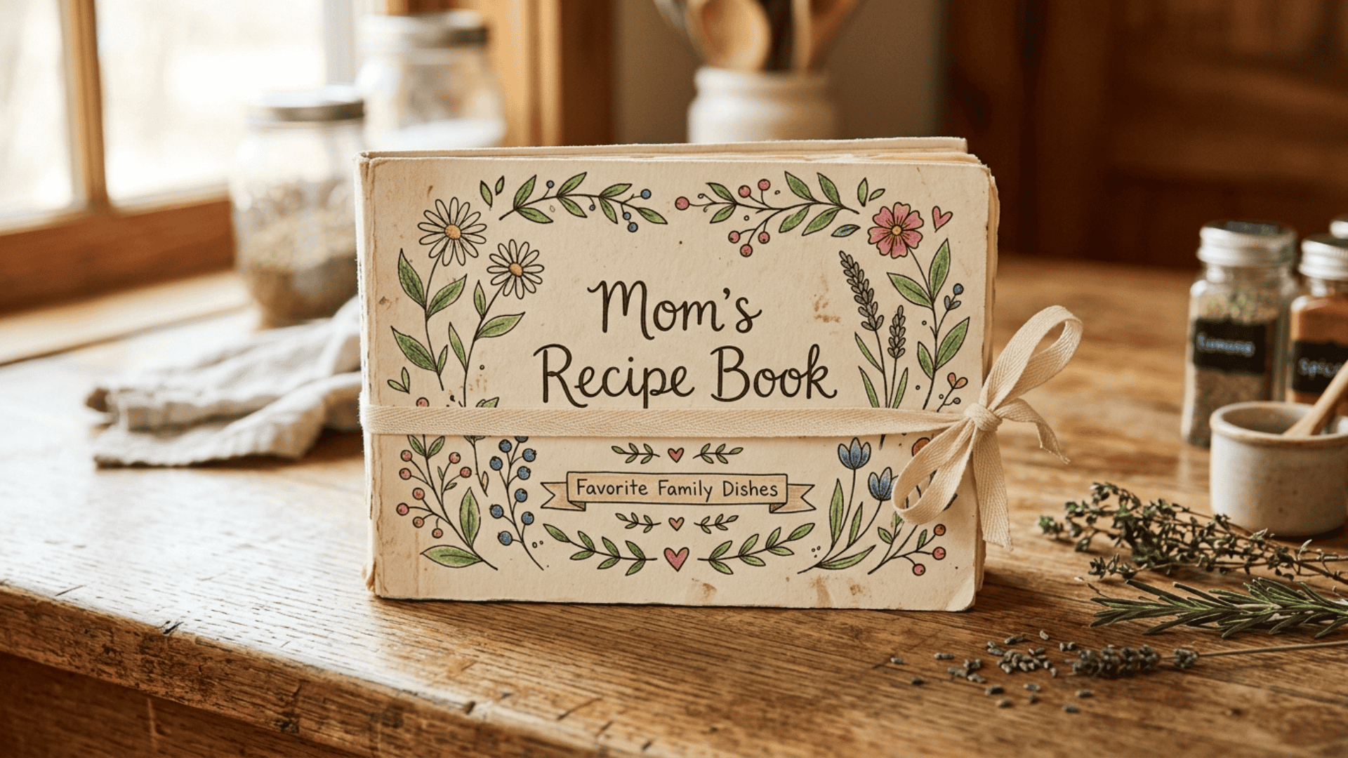 handmade recipe book cover with hand-drawn flowers and moms recipe book written in hand lettering tied with a ribbon on a wooden surface