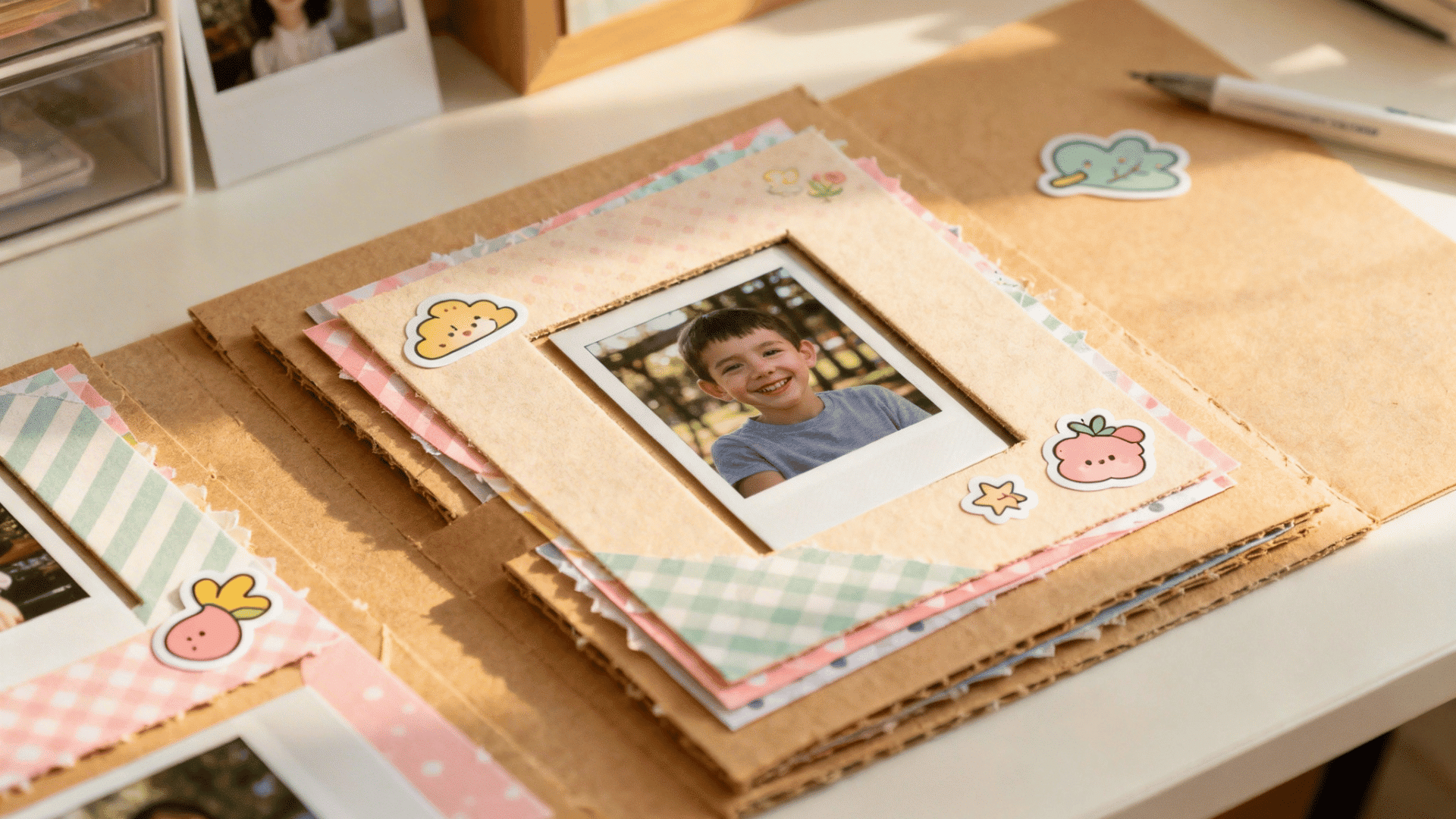 handmade scrapbook with decorated pages, photos, and colorful stickers arranged creatively on a table