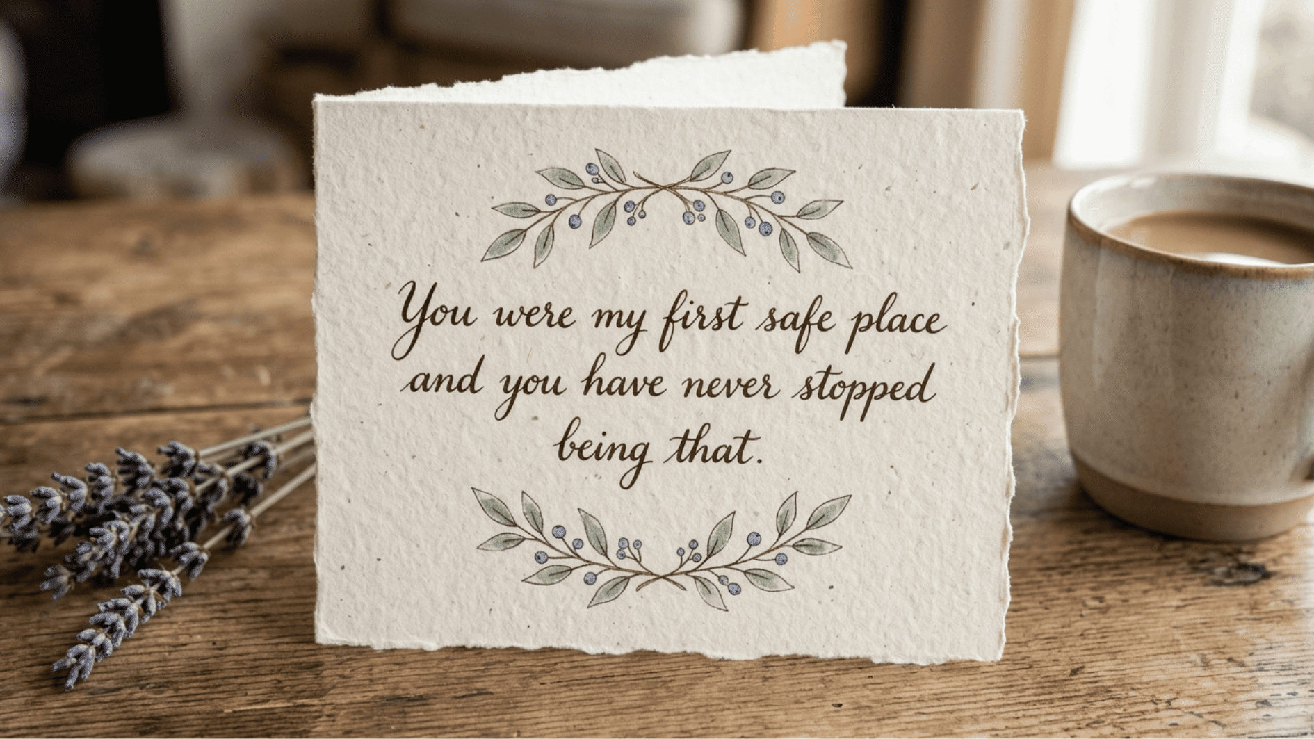 handmade-style card with a heartfelt message about a mother being a safe place, placed on a wooden table with dried lavender