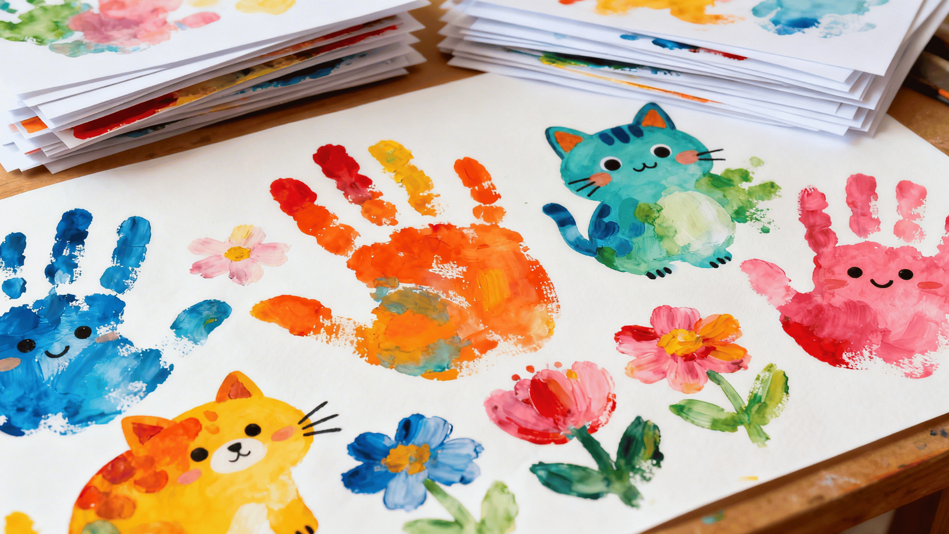 handprint art paintings with bright colors forming animals and flowers on paper
