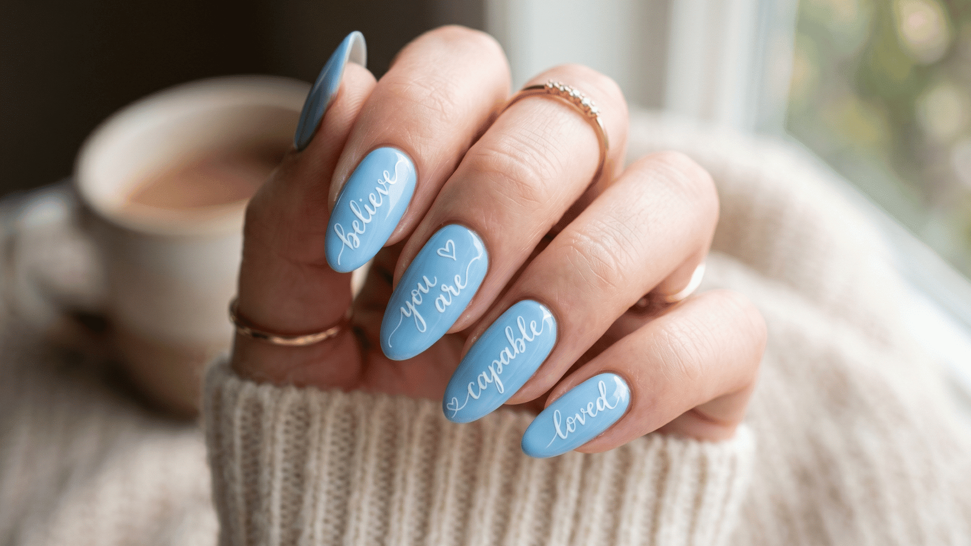 handwriting nail art with personal message on nude base