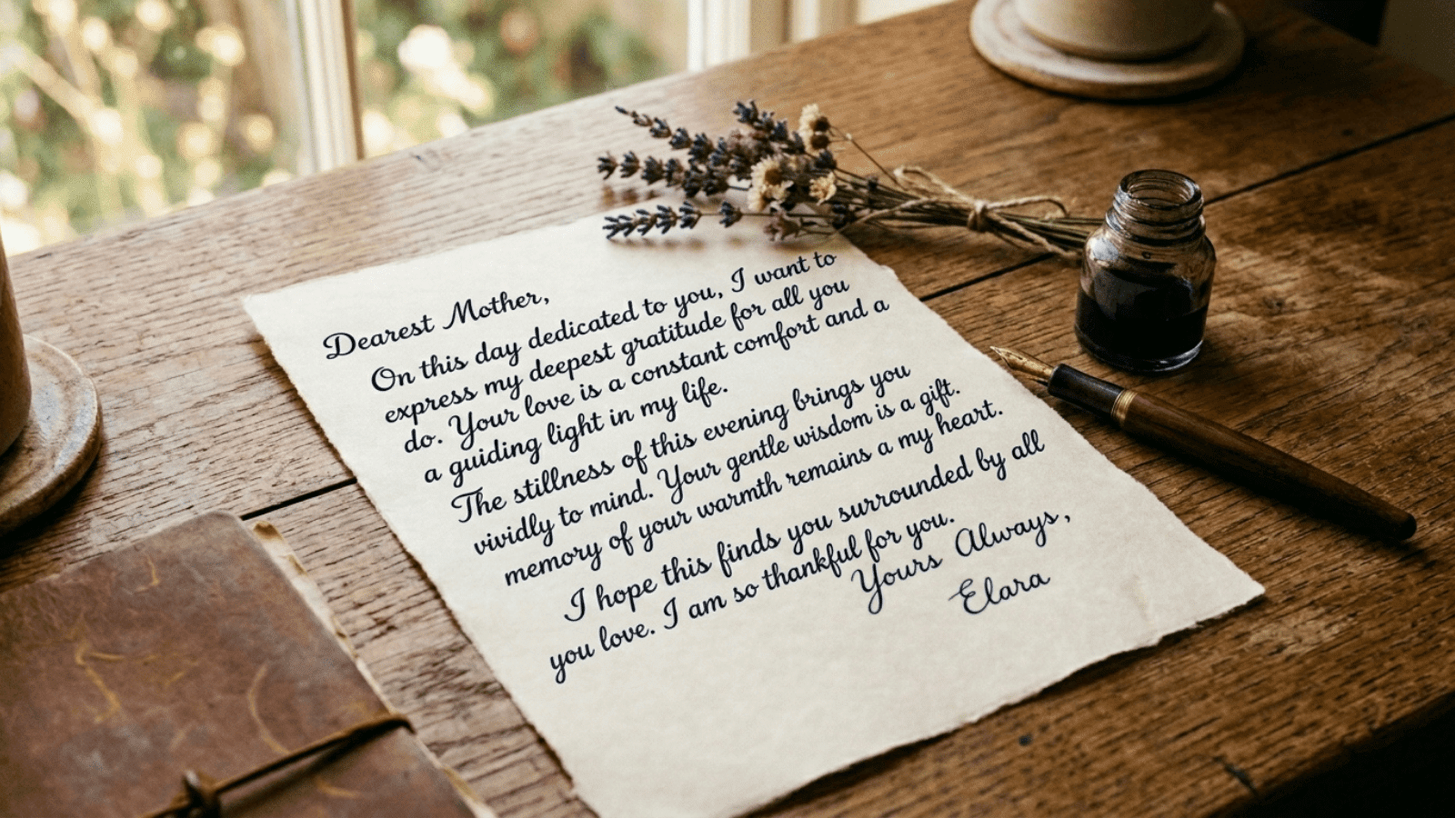 handwritten letter on cream paper beside a pen and a small dried flower, placed on a wooden desk with warm natural light