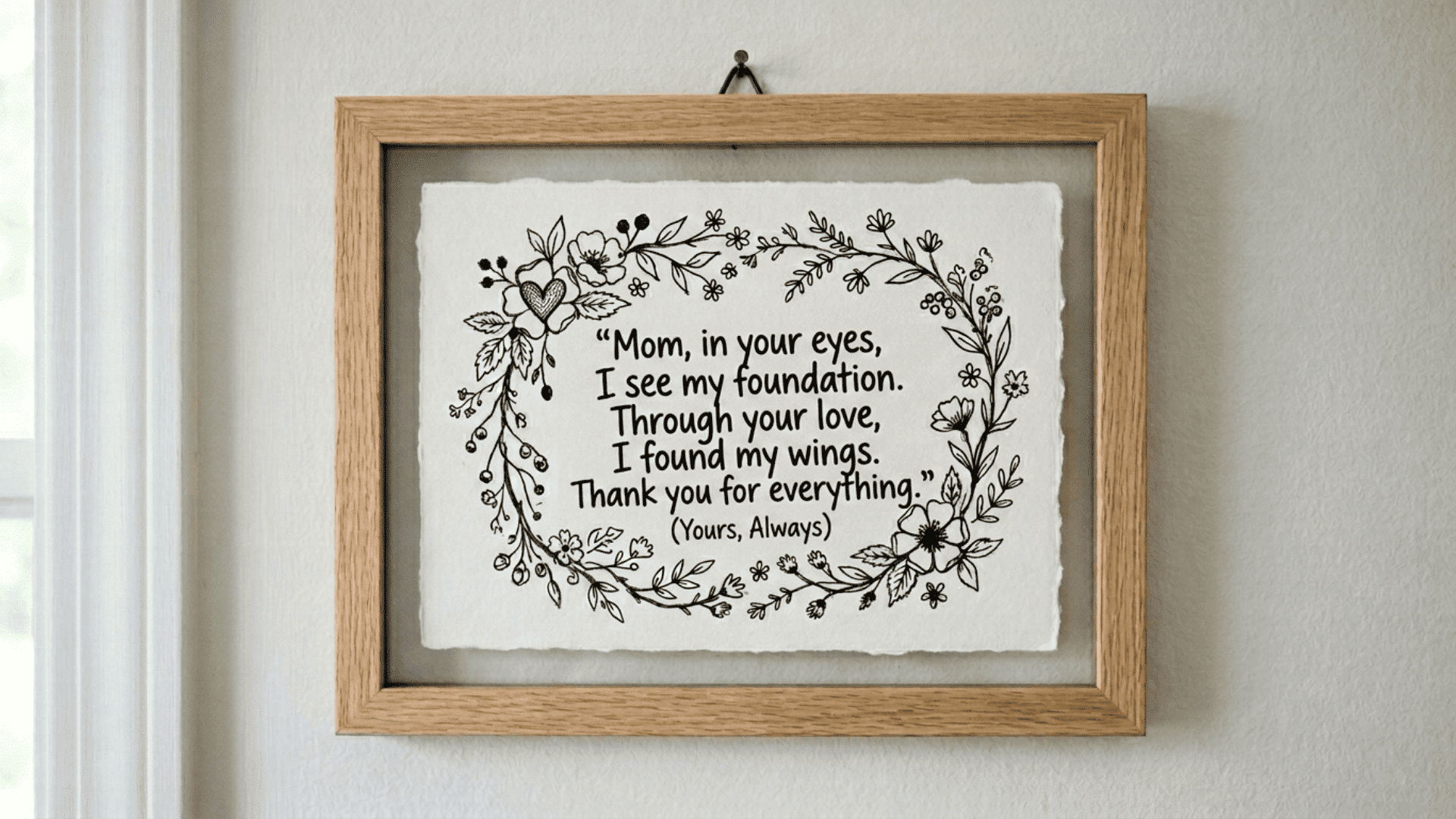 handwritten quote wall art in a wooden frame decorated with hand-drawn flowers made as a homemade mothers day gift