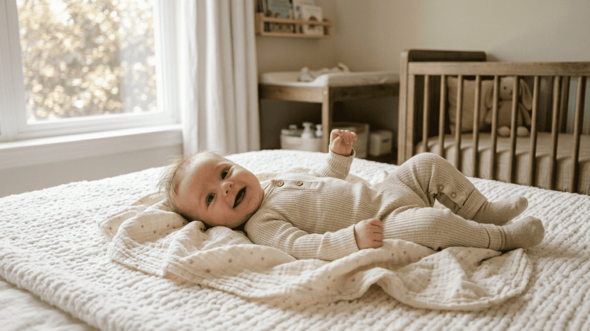 happy baby lying on soft blanket in nursery room with crib and window light creating calm warm atmosphere