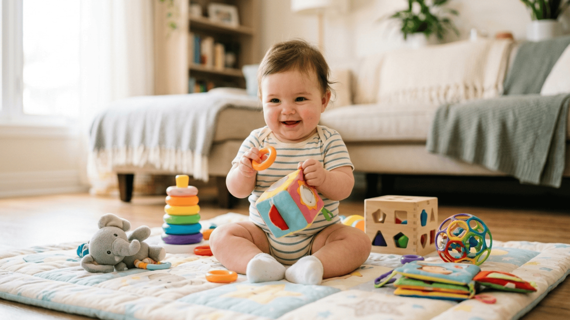 happy baby sitting on play mat holding toy surrounded by colorful toys in living room