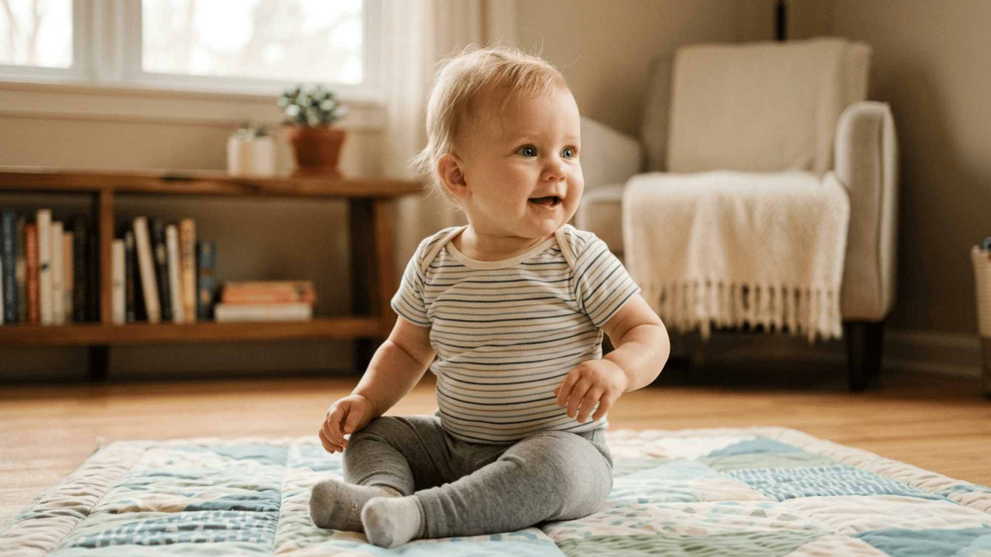 happy baby sitting on play mat with toys in warm sunlit living room