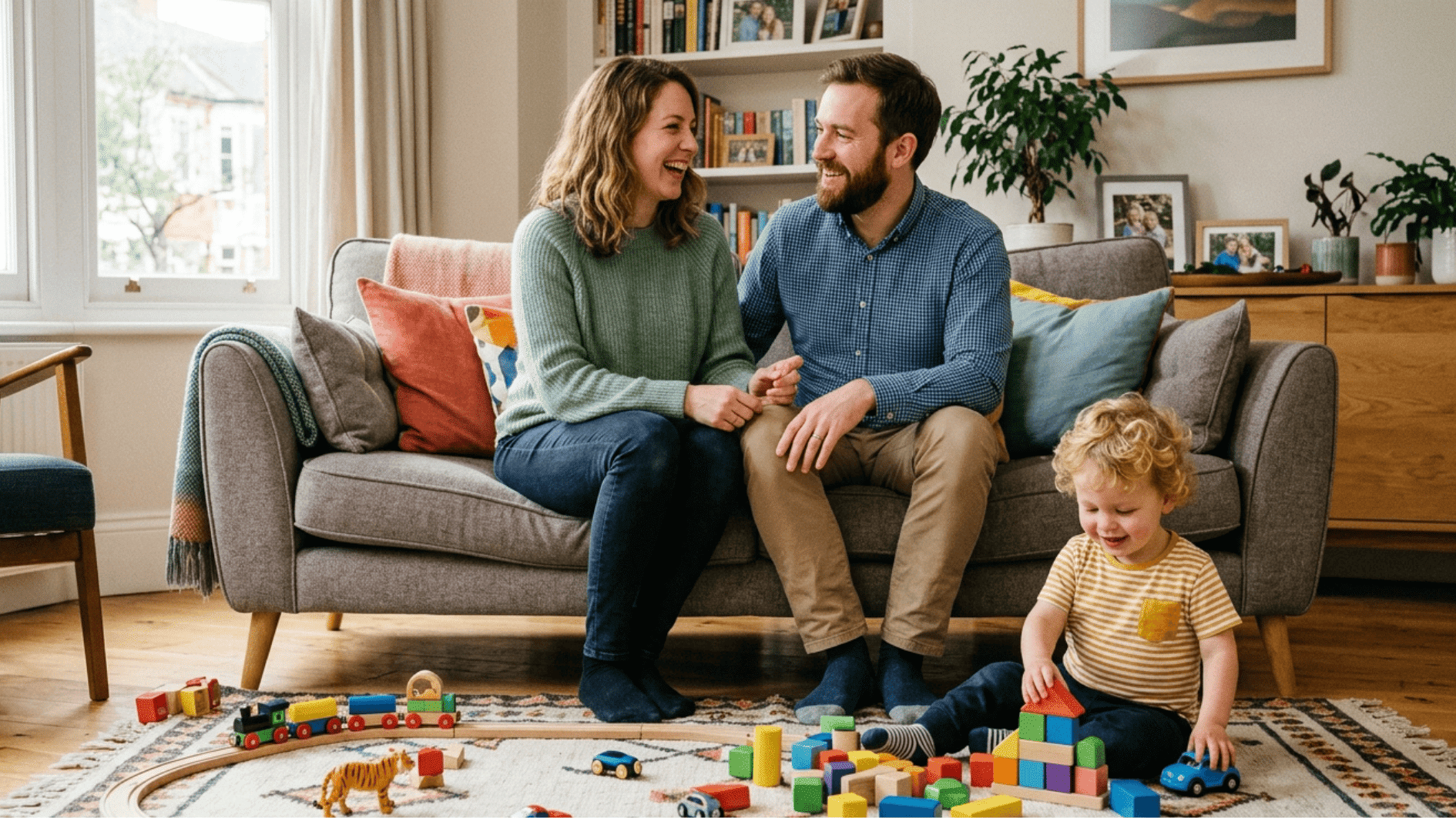 happy family sitting on sofa while child plays with toys on the floor, creating a warm and joyful home environment
