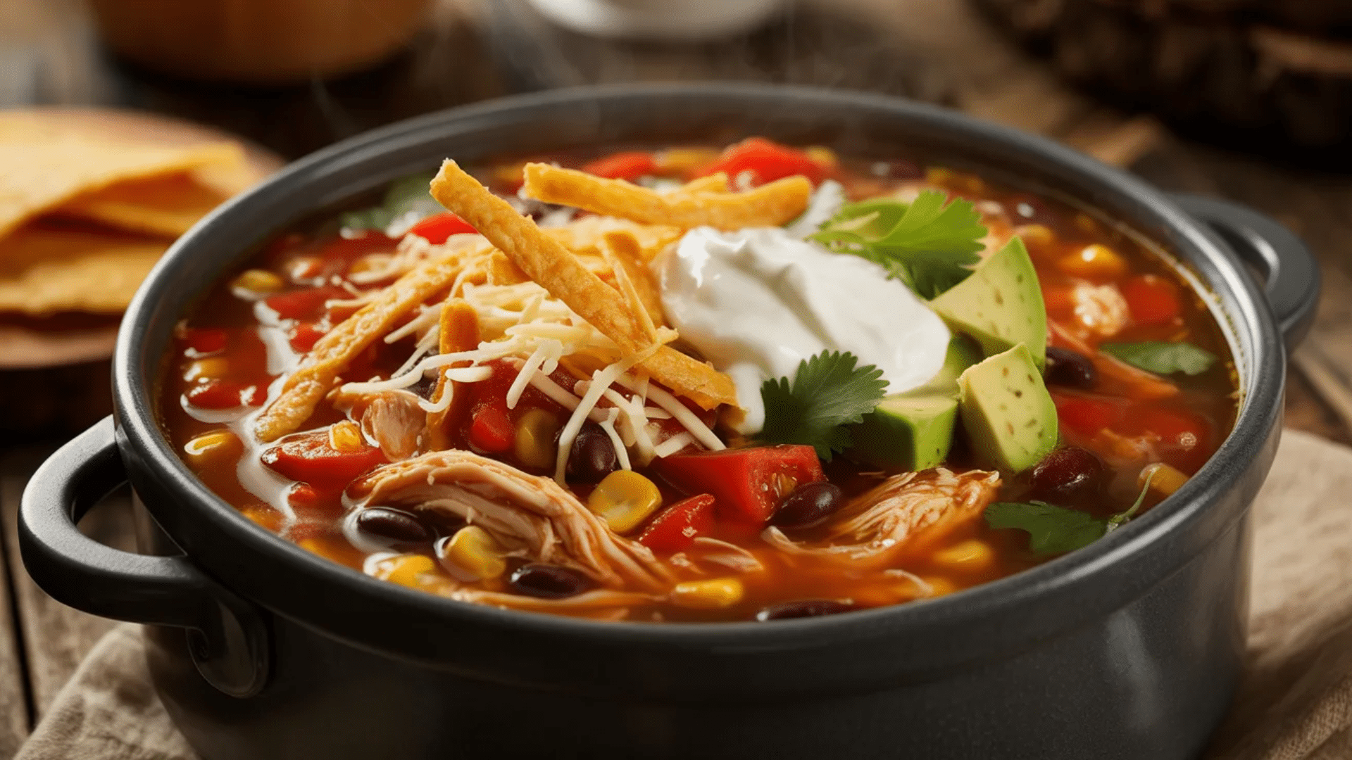 hearty chicken tortilla soup topped with sour cream avocado shredded cheese and crispy tortilla strips in a black bowl