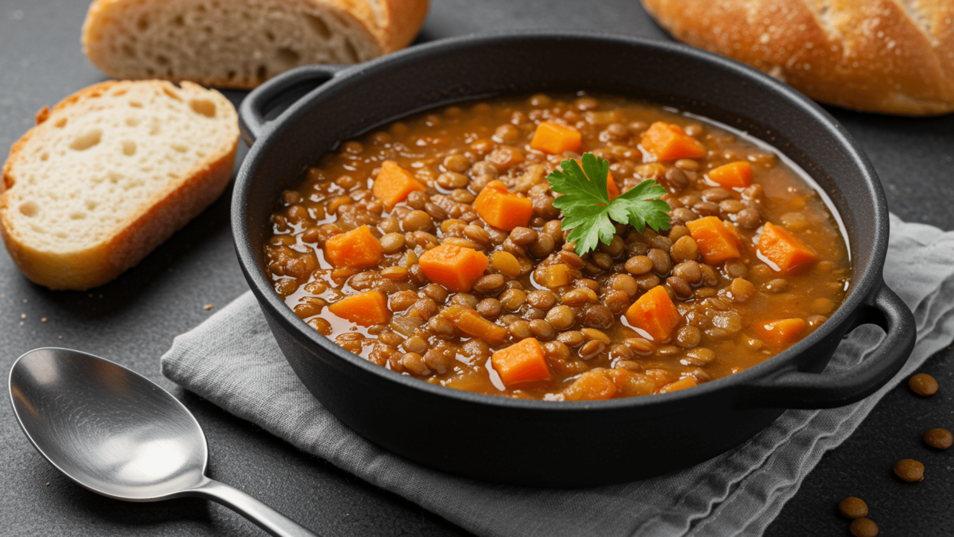 hearty lentil soup with diced carrots served in black bowl with bread slices and spoon placed on textured surface
