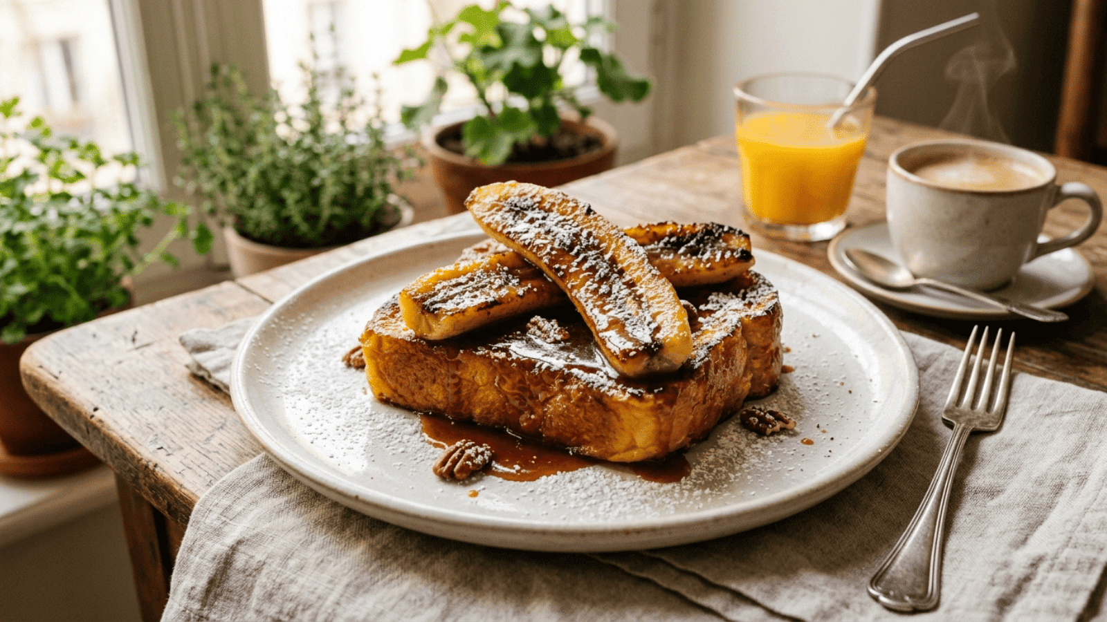 hick golden slice of pain perdu on a white plate, topped with caramelized banana halves in glossy brown butter sauce,