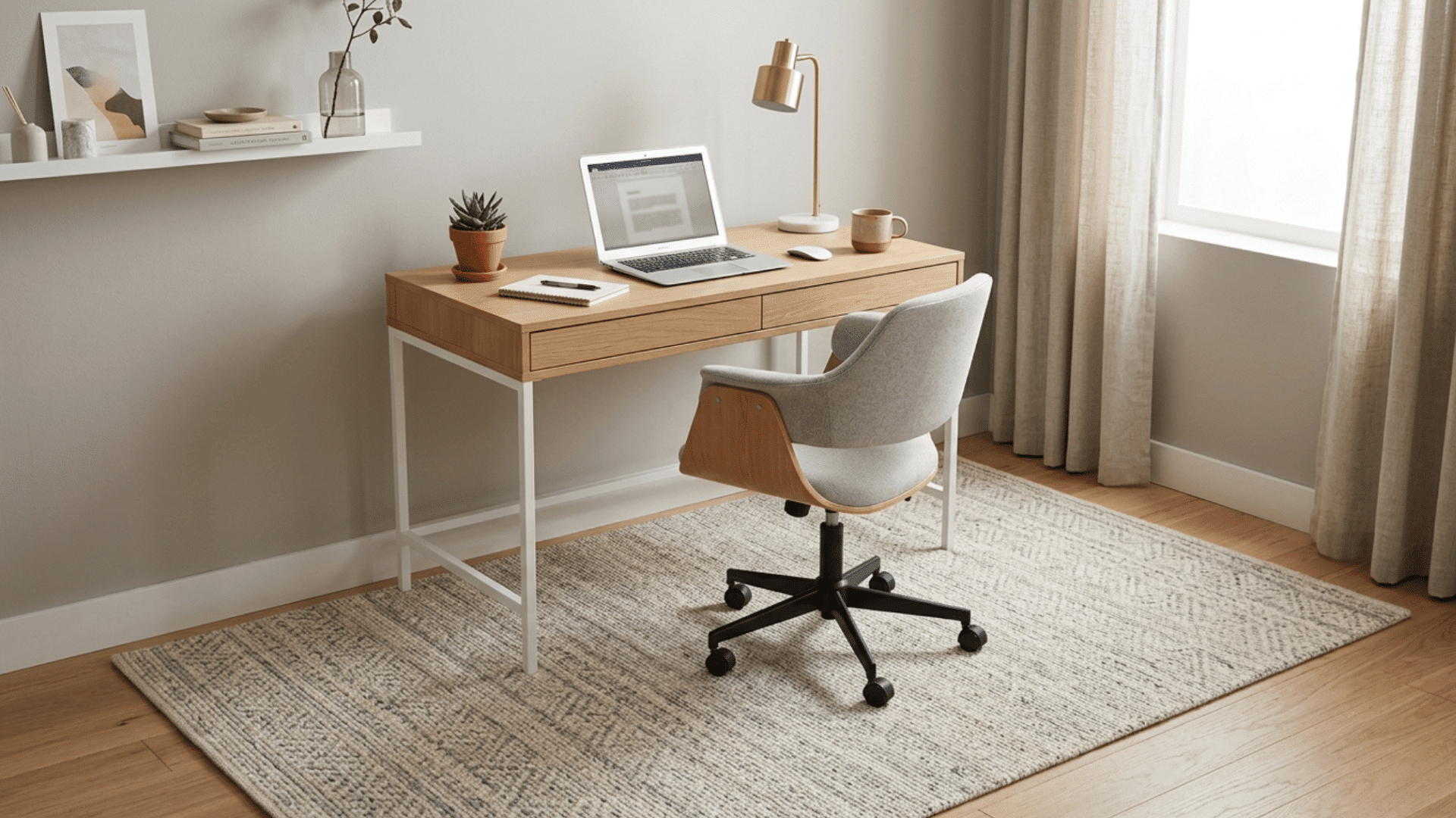 home office setup with desk and chair on 6x9 rug showing defined workspace and clean layout