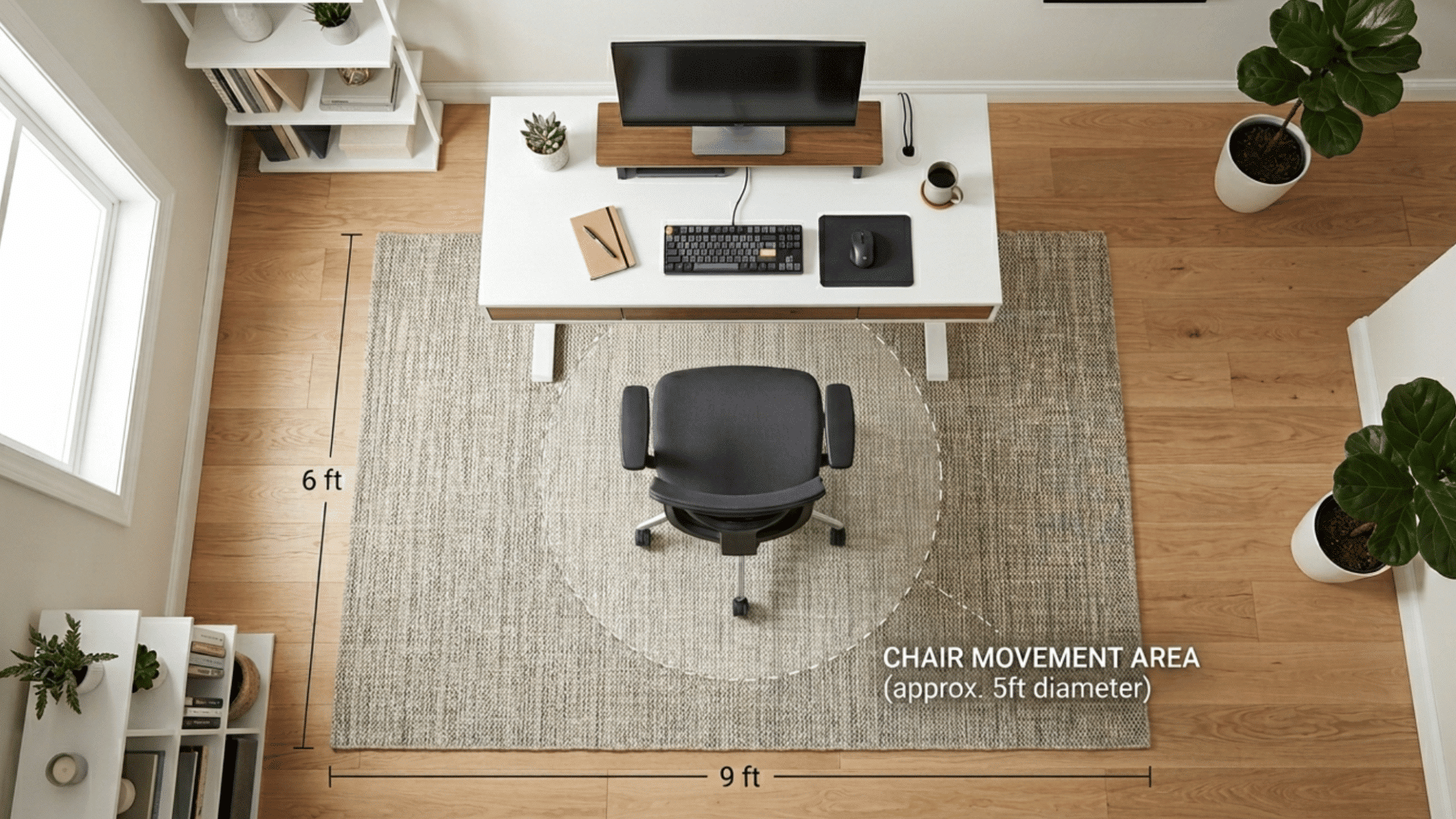 home office setup with desk and chair on rug showing proper rug size for smooth chair movement and balanced layout