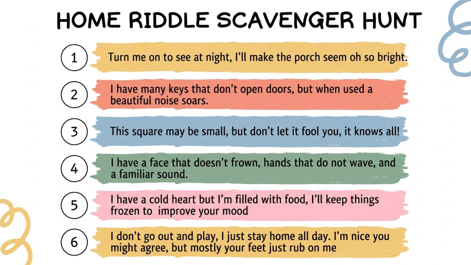 home riddle scavenger hunt list with numbered clues for teens on colorful background for indoor game activity