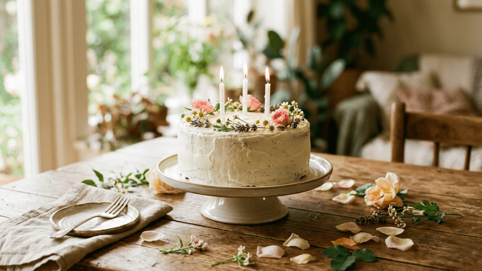 homemade cake on a cake stand with simple decoration, a few candles, and scattered flower petals on a wooden table, warm natural light, simple