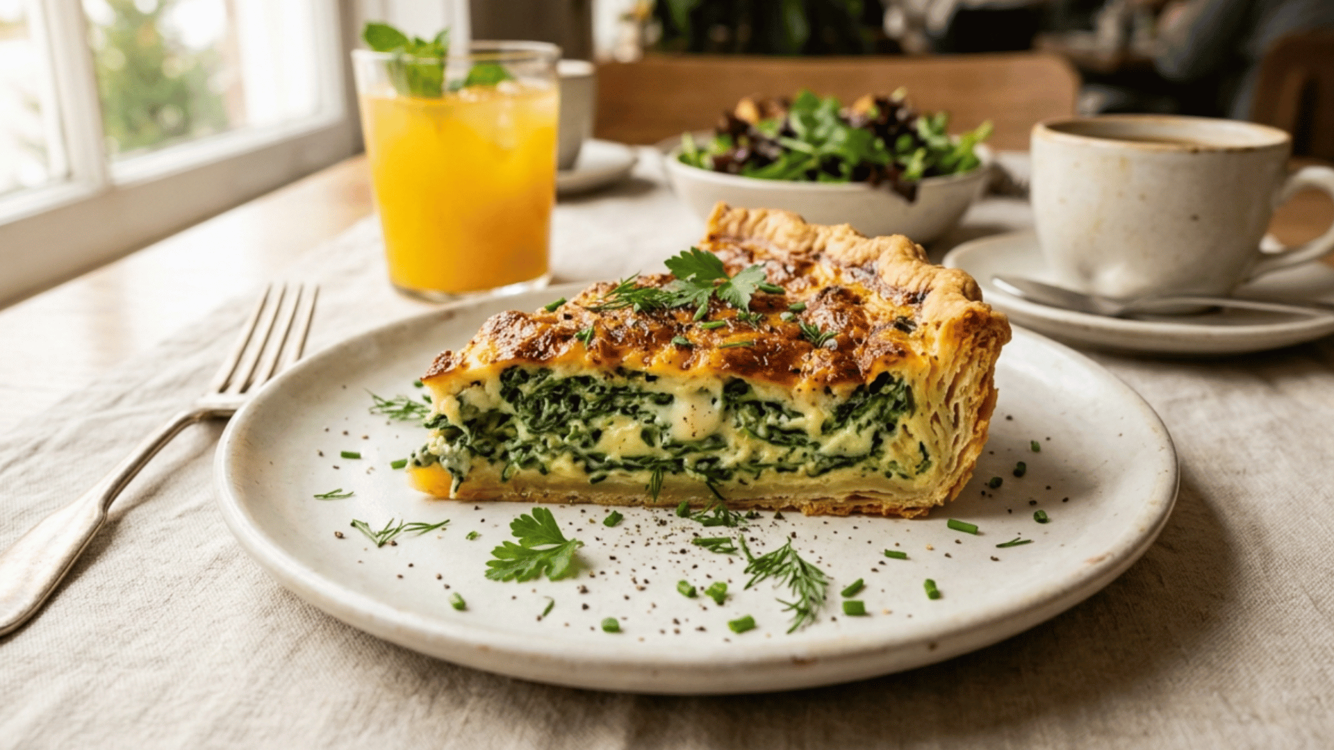 homemade spinach and cheese quiche with a golden flaky crust served fresh from the oven for brunch