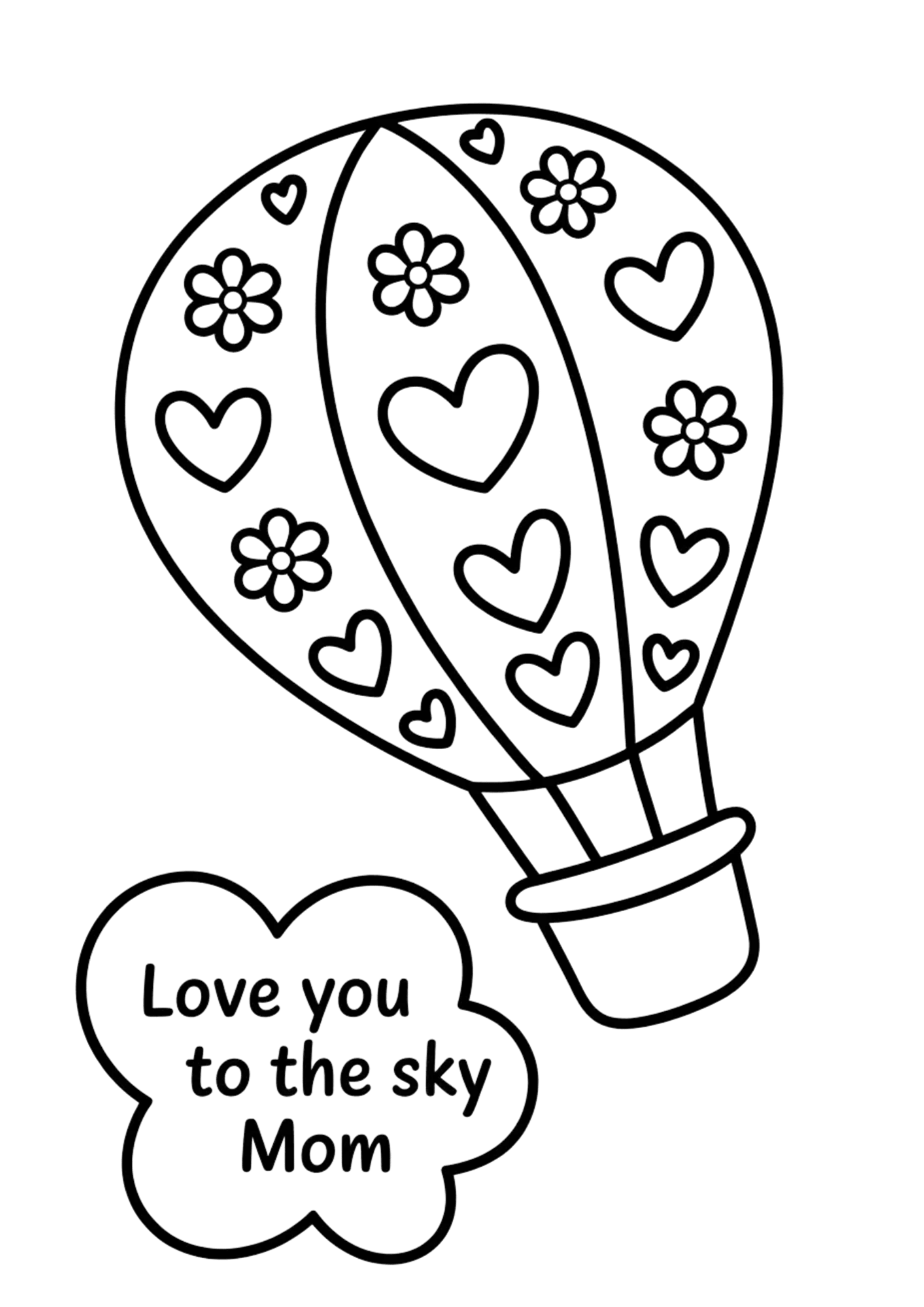 hot air balloon decorated with hearts and flowers with message love you to the sky mom in a playful design