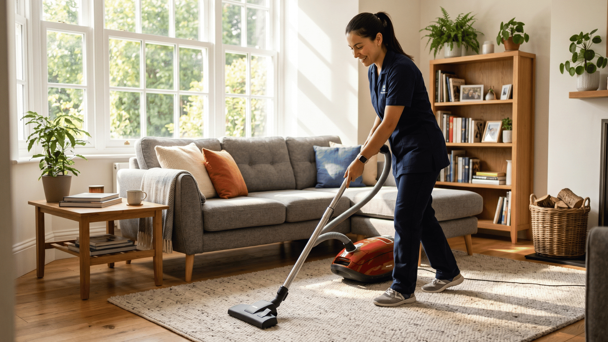 house cleaner vacuuming a carpet in a cozy home interior