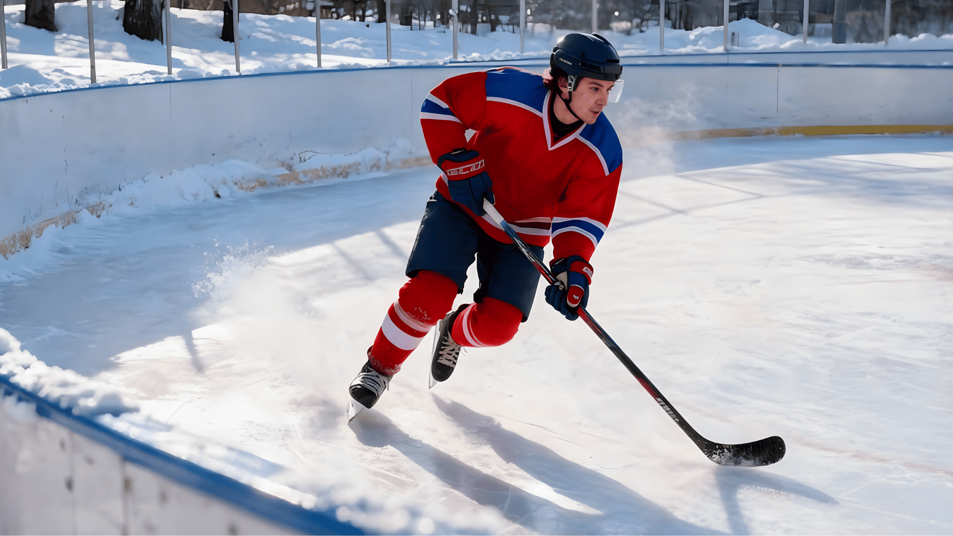 ice hockey player skating fast on outdoor rink while controlling puck during a cold winter day