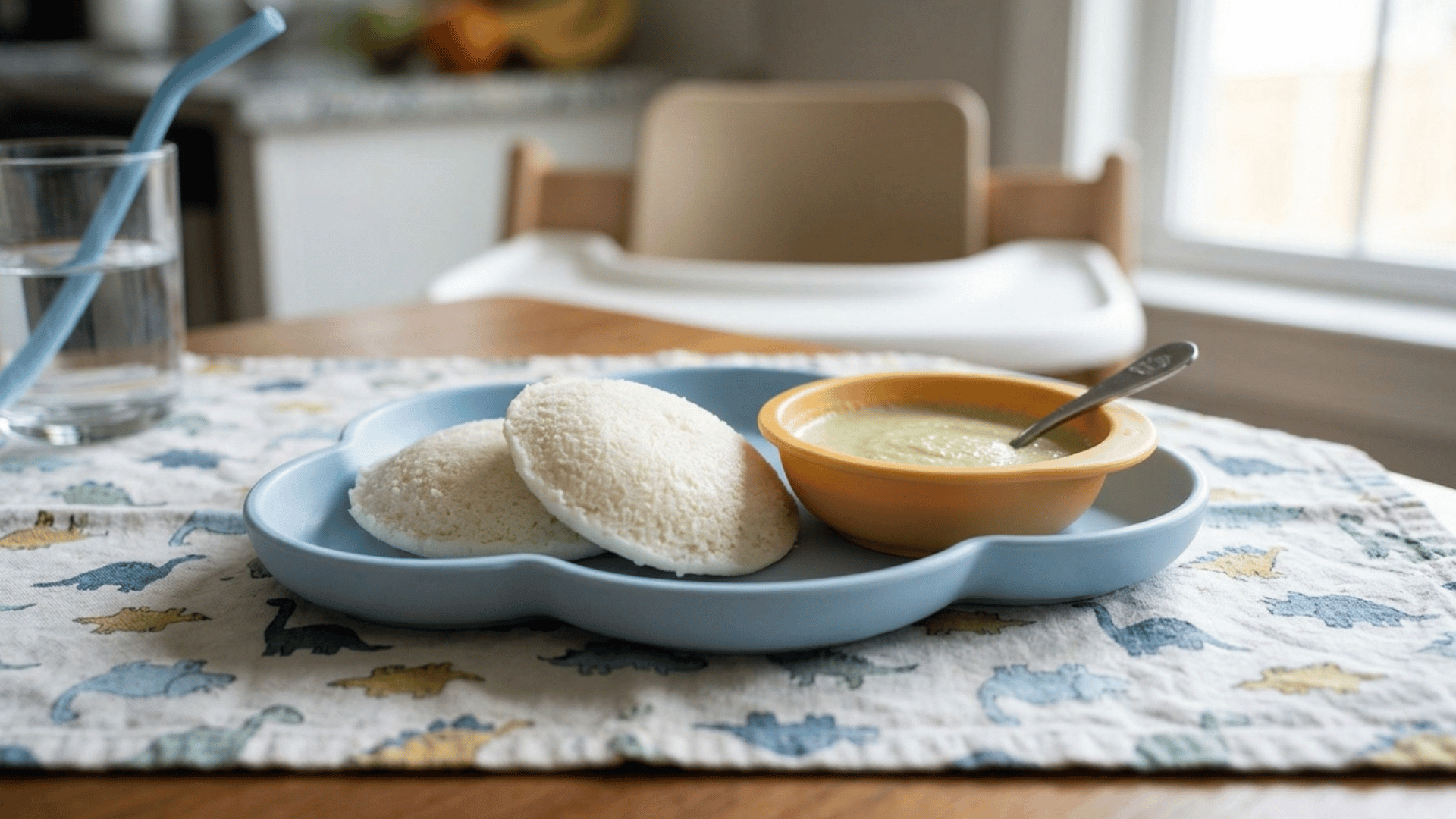idli with mild green chutney on a baby plate with spoon.