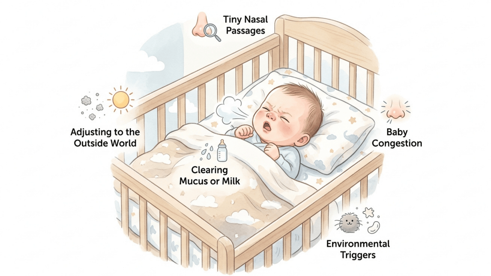 illustration of baby in crib showing causes of congestion like tiny nasal passages, mucus, and environmental triggers