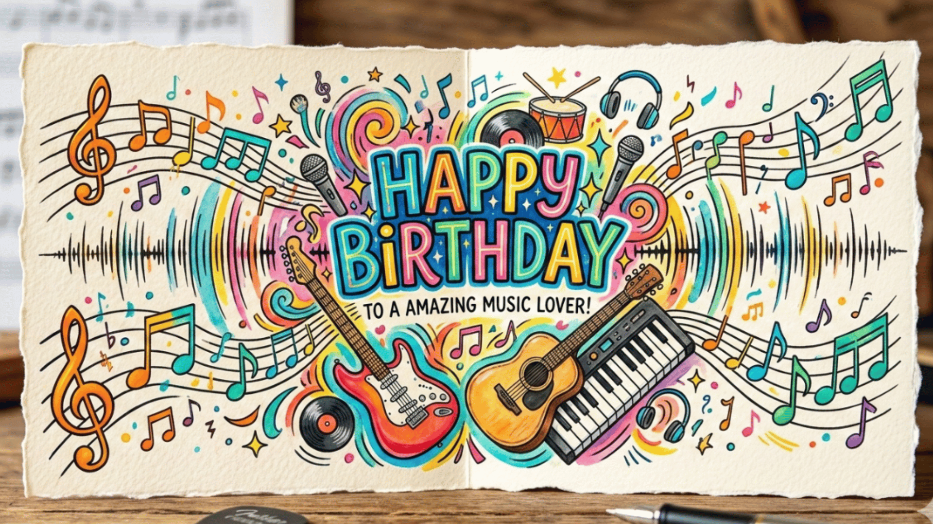 illustrations of musical notes, guitars, pianos, or violins with colorful details