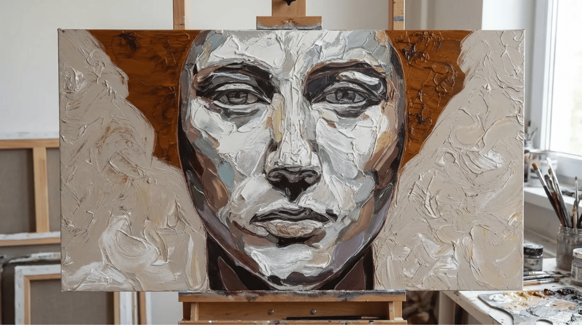 impasto oil painting of a face with thick brushstrokes on a wooden easel