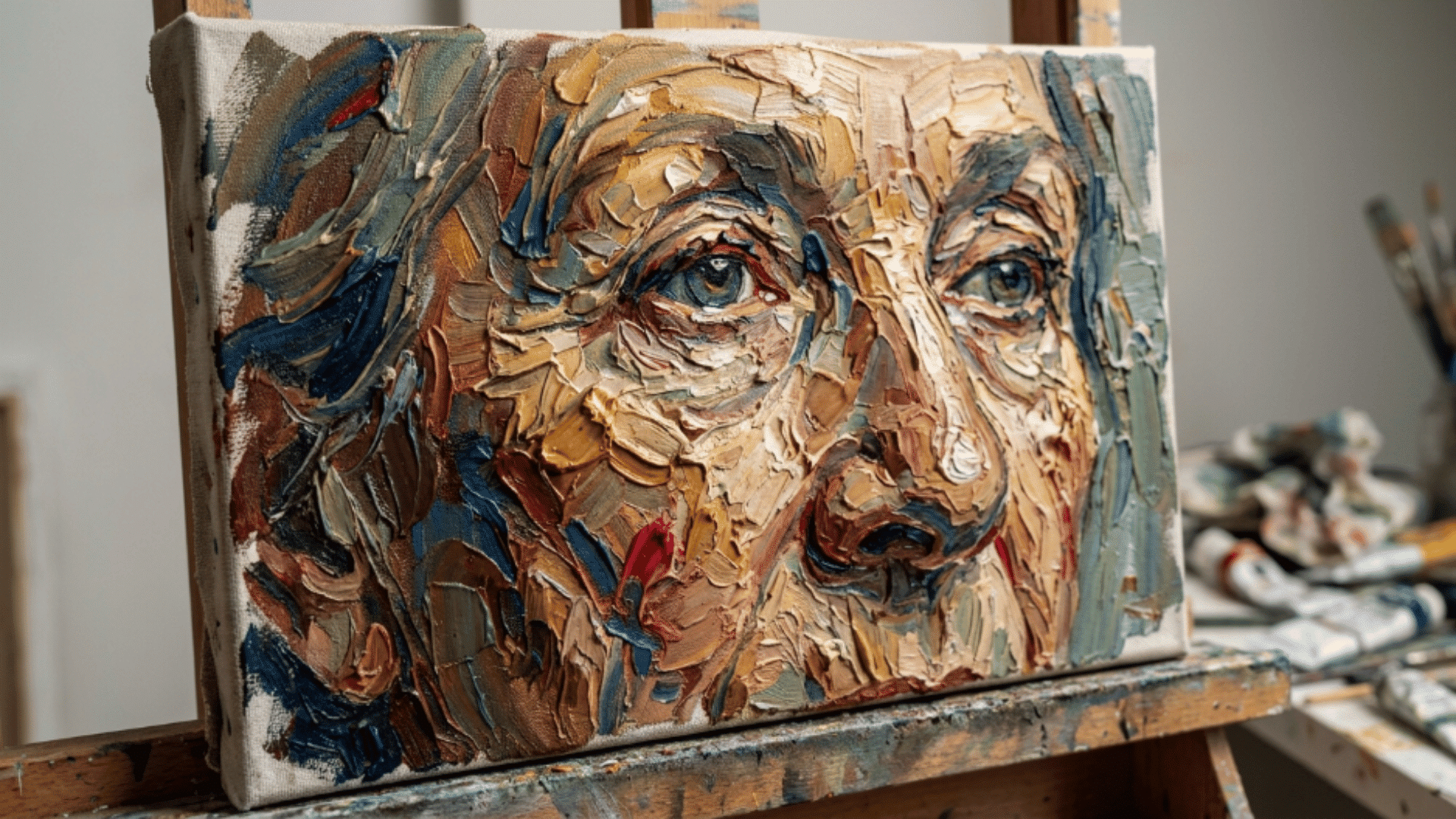 impasto painting of a human face with thick textured brush strokes on canvas and rich layered colors