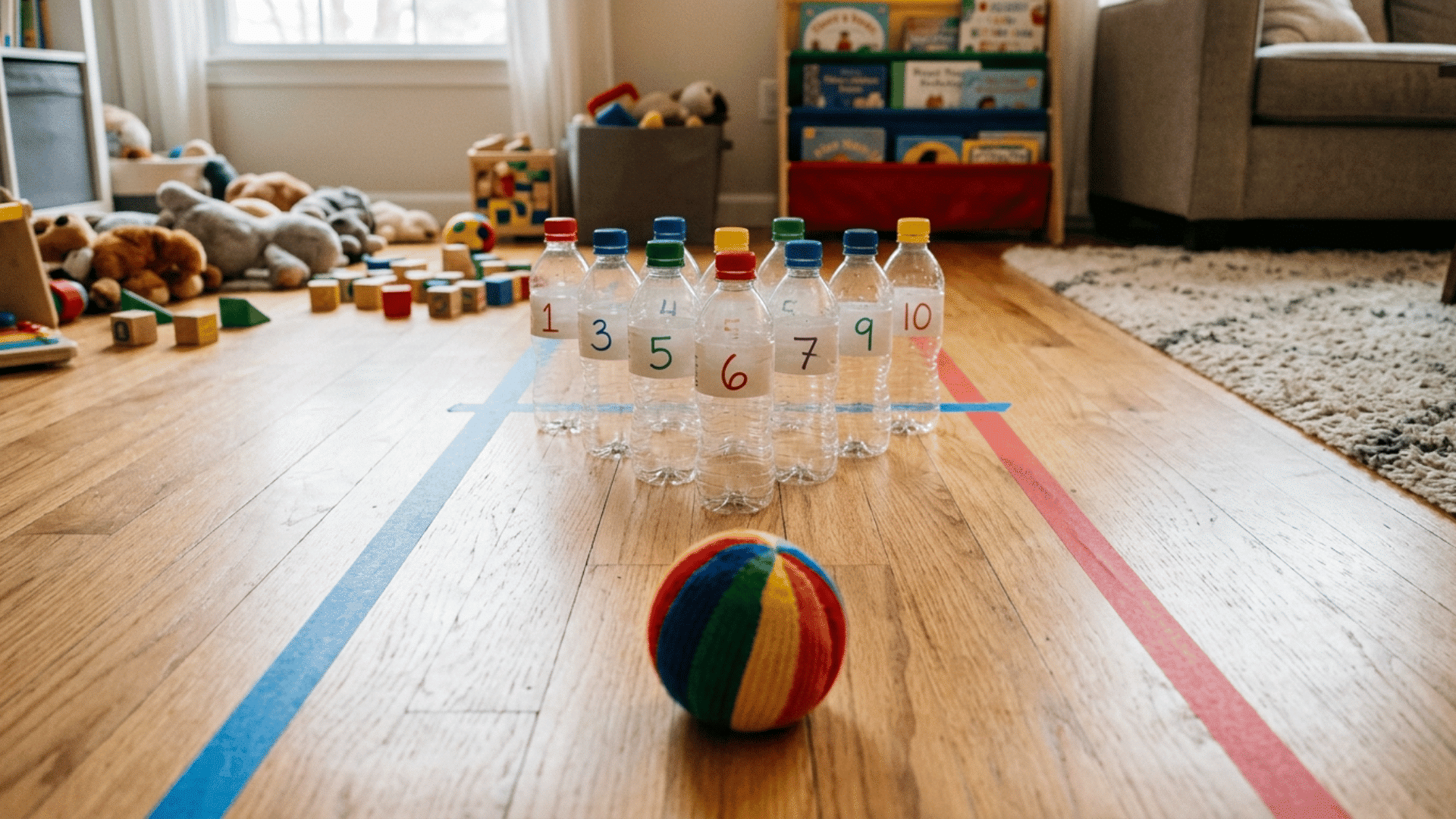 indoor bowling setup using plastic bottles as pins and a soft ball placed on the floor ready to roll
