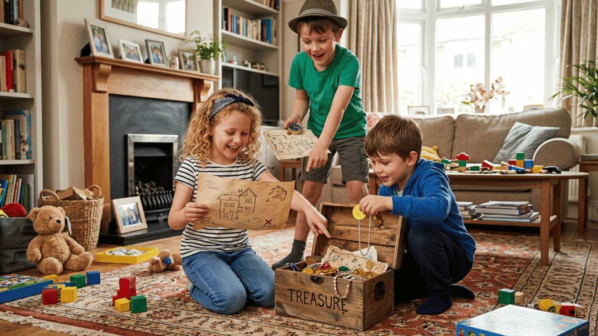 indoor treasure hunt for kids with clues hidden around the house leading to a fun surprise prize