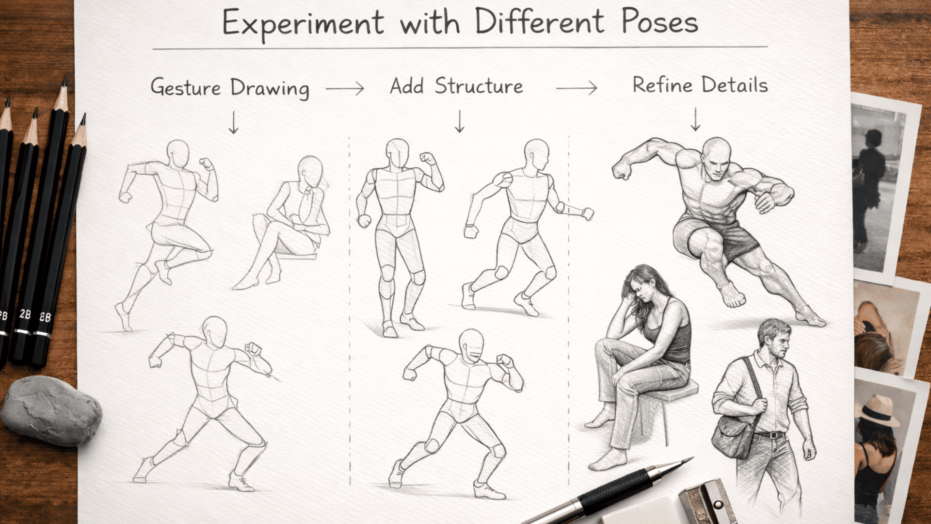 instructional guide on experimenting with different poses for figure drawing