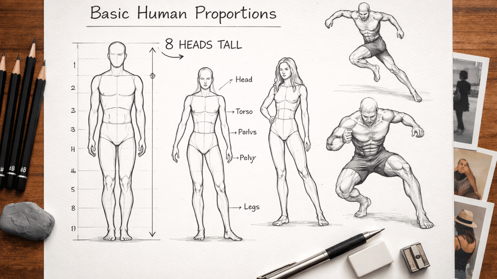 instructional sketch on basic human proportions, with male and female figures.