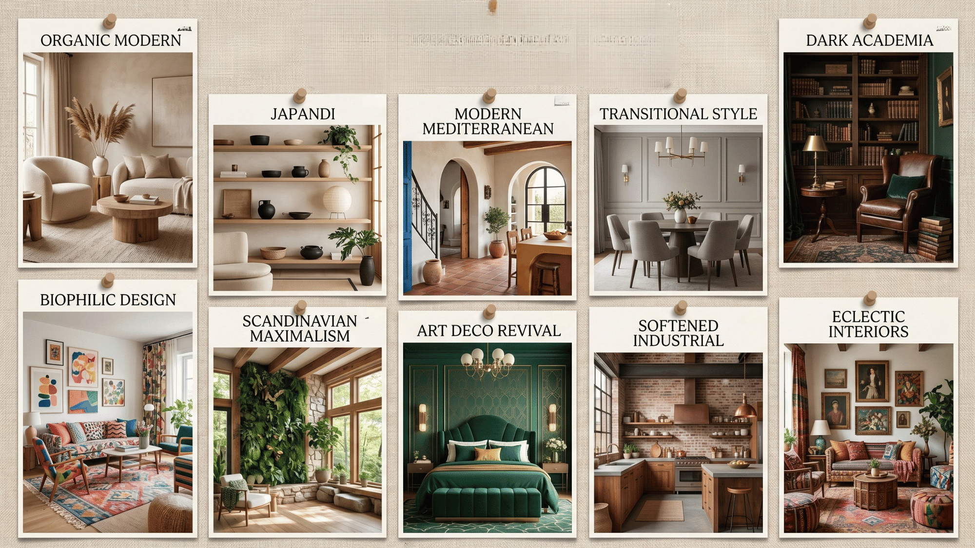 interior design trends collage showing ten styles replacing modern farmhouse