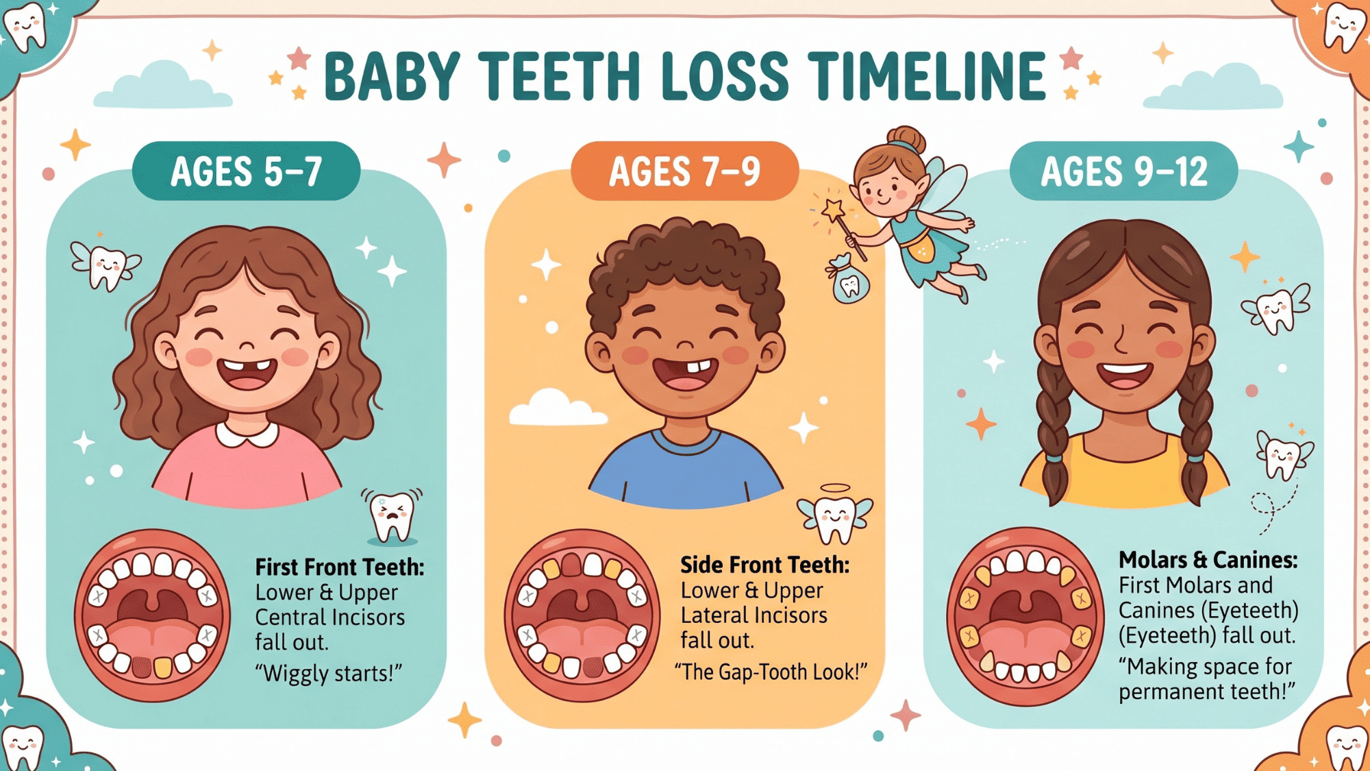 kid-friendly educational illustration showing a baby teeth loss timeline