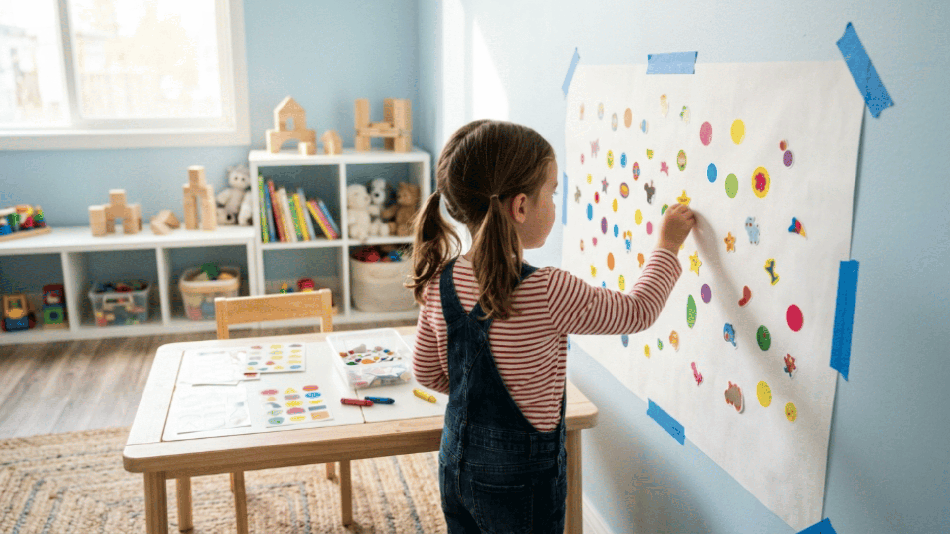 kid placing colorful stickers on a large paper sheet taped to the wall during a creative indoor sticker art activity