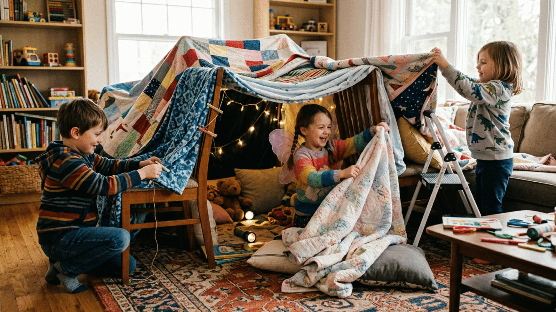 kids building a blanket fort in a living room using chairs and sheets, playing inside with toys and warm lights