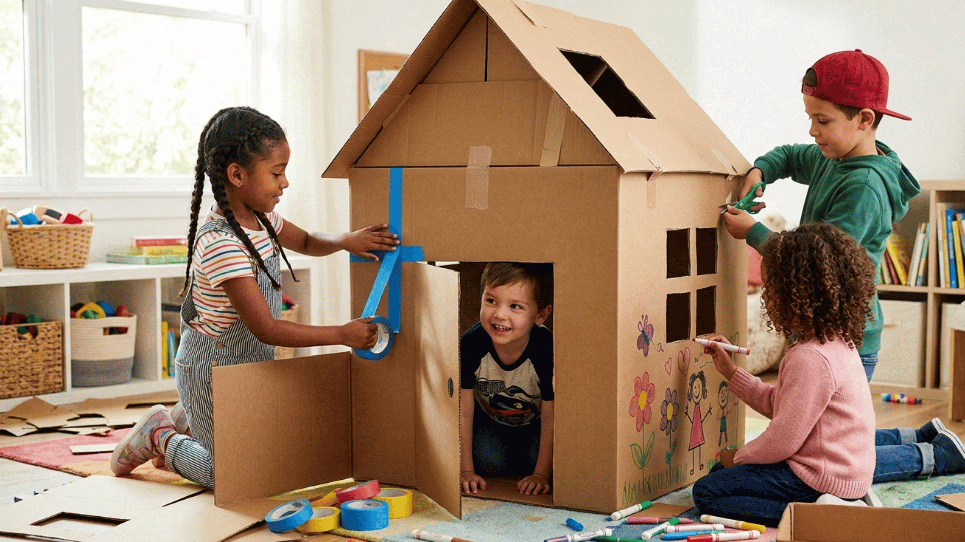 kids building a cardboard house using old boxes for creative indoor play and pretend storytelling fun