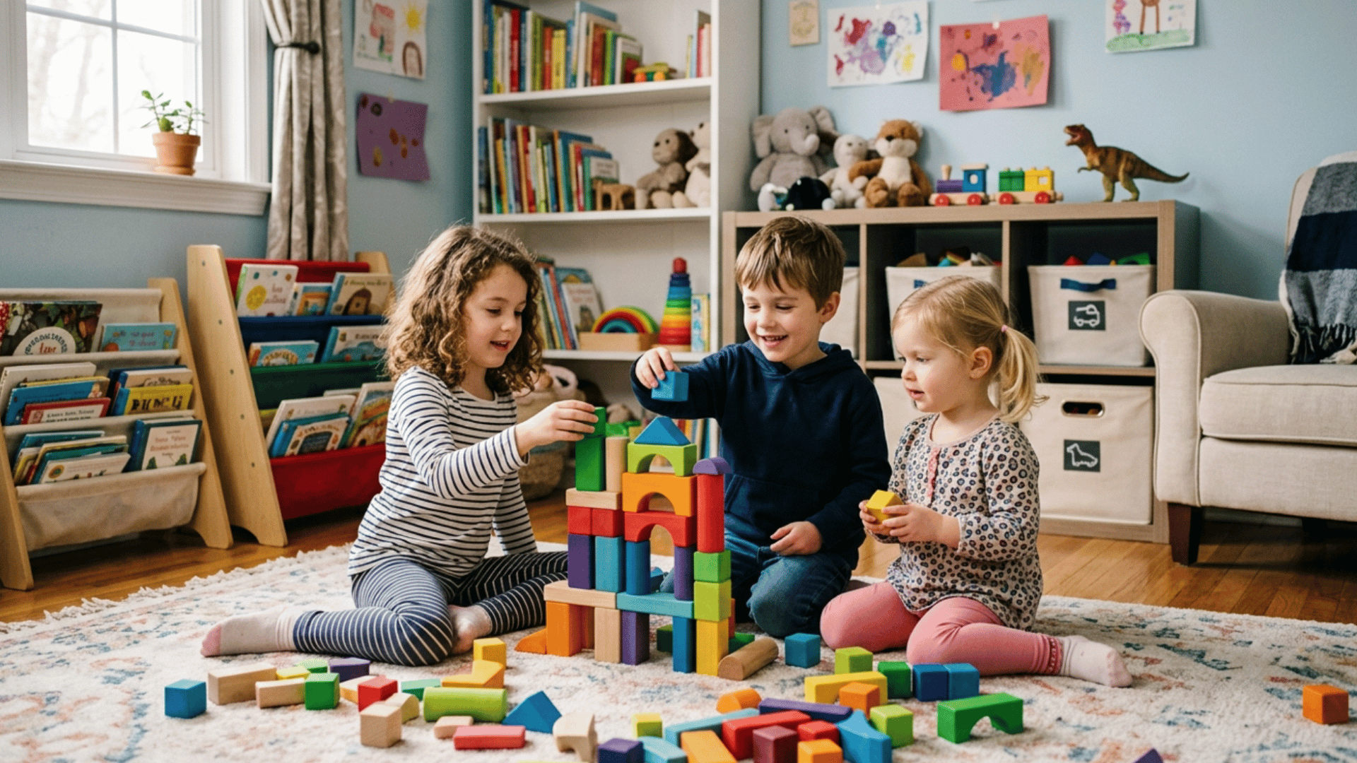 kids building a lego castle from scratch as an inside activity in a kids room